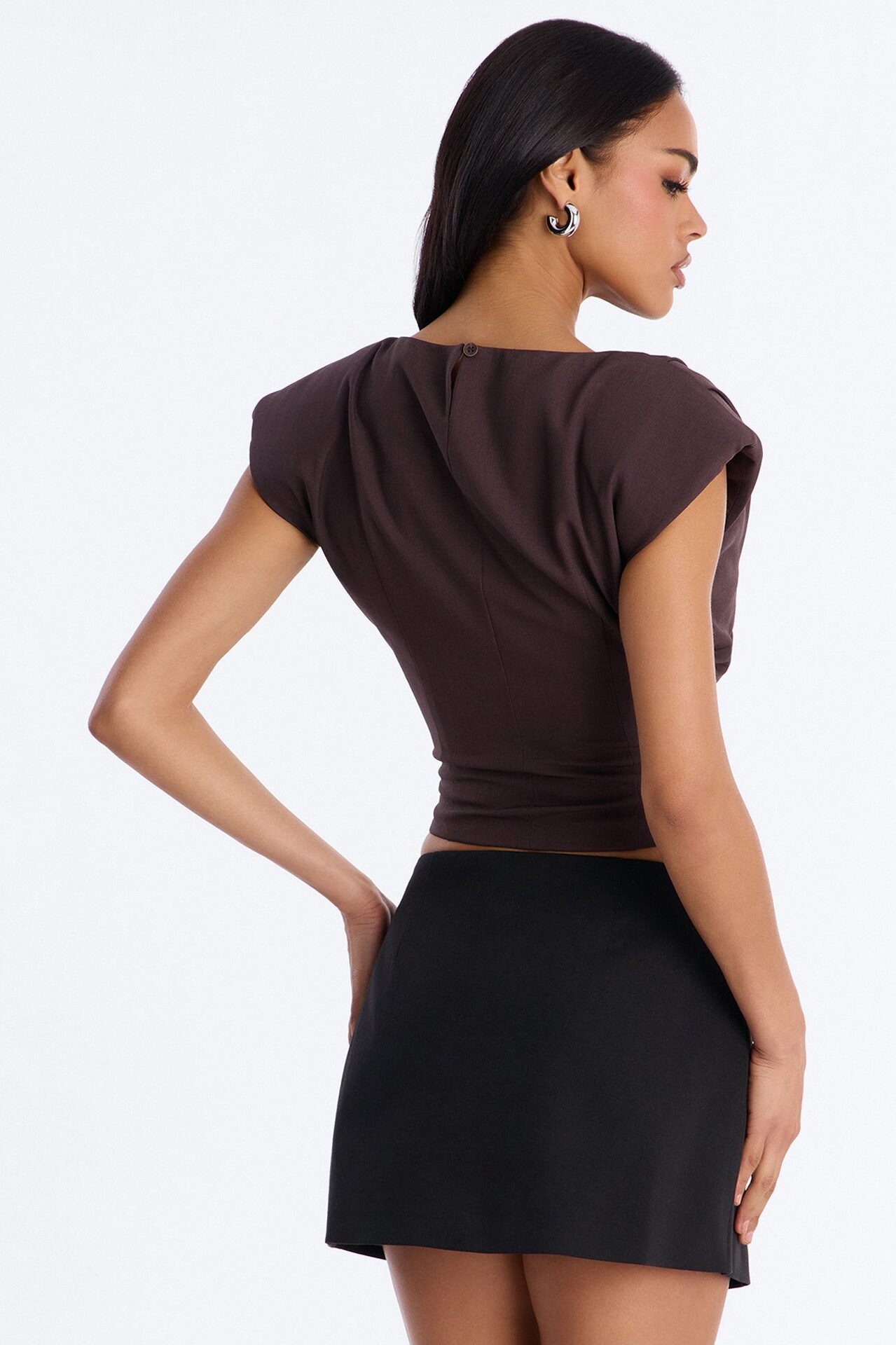 Girl At Work Shoulder Pads Ruched Top - Brown