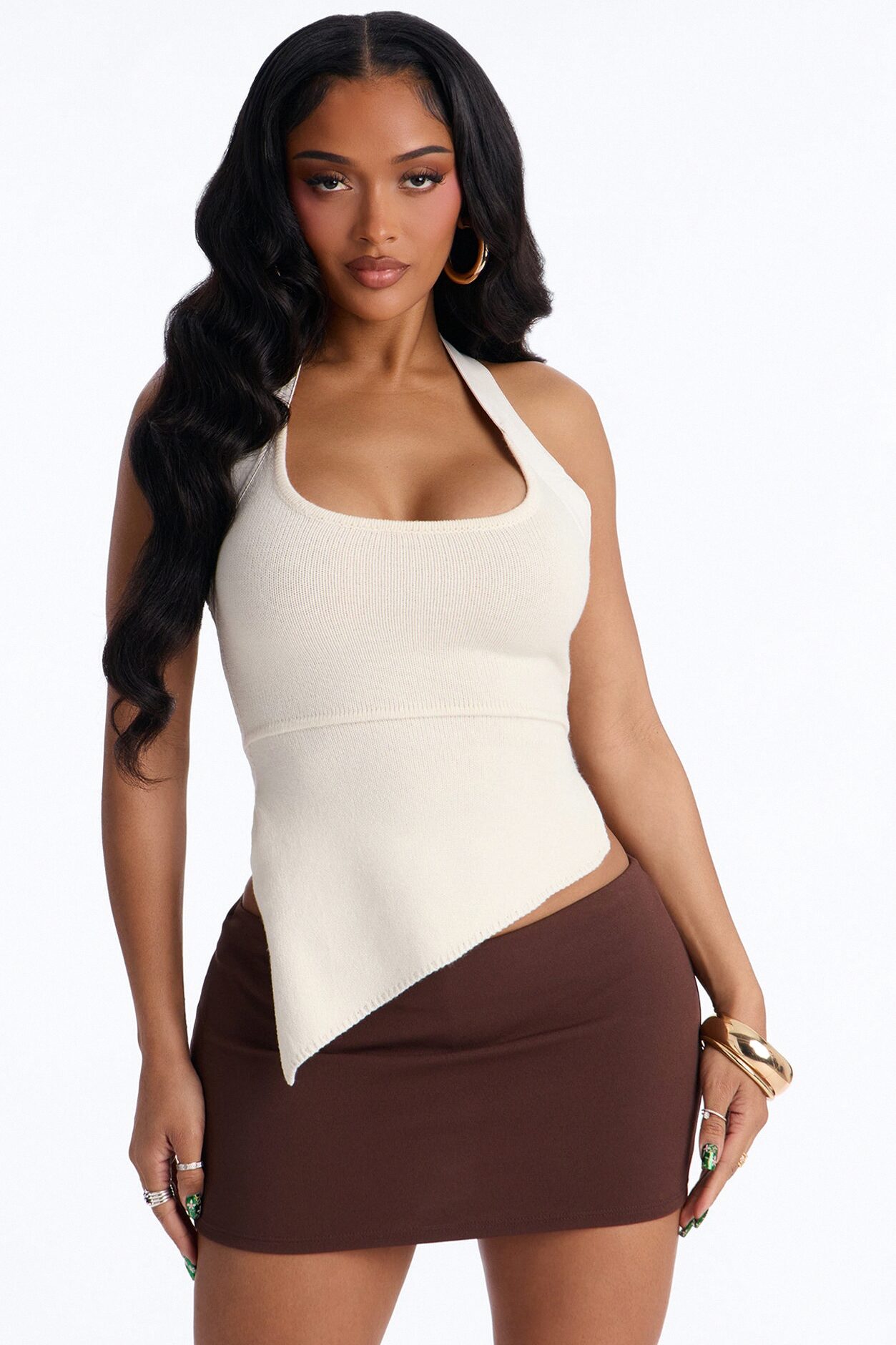 Call You Up Faux Leather Trim Sweater Halter Top - Cream