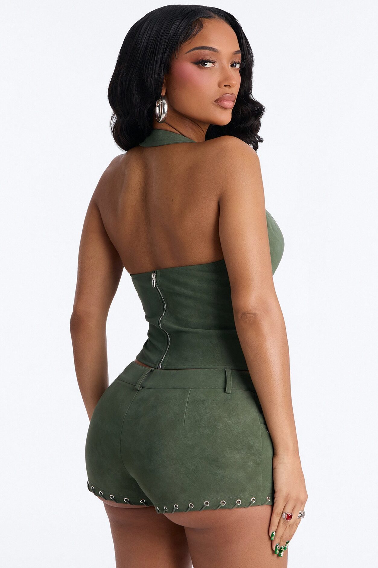 Western Twist Halter Short Set - Olive