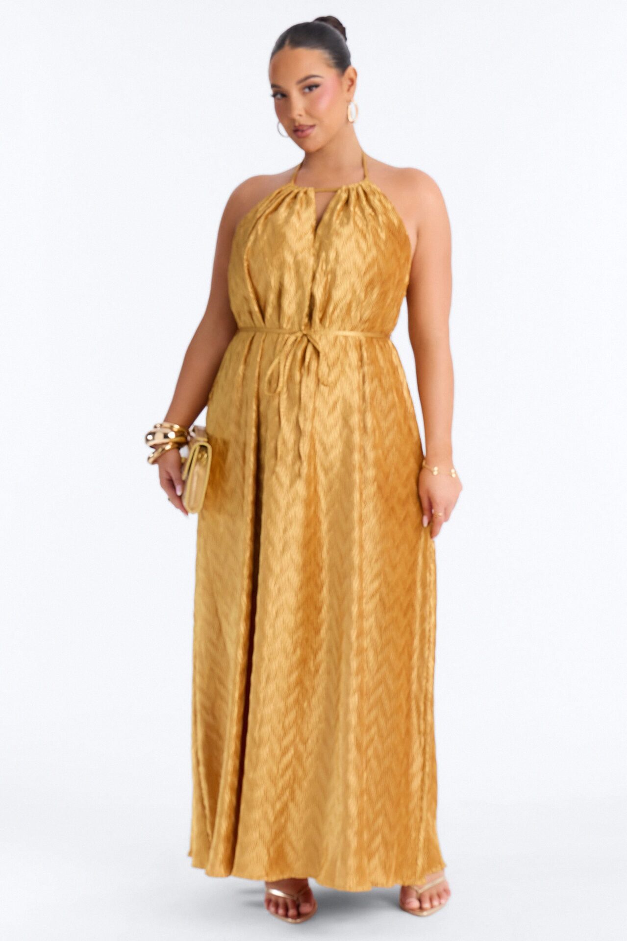 Vivianna Backless Plisse Maxi Dress - Mustard
