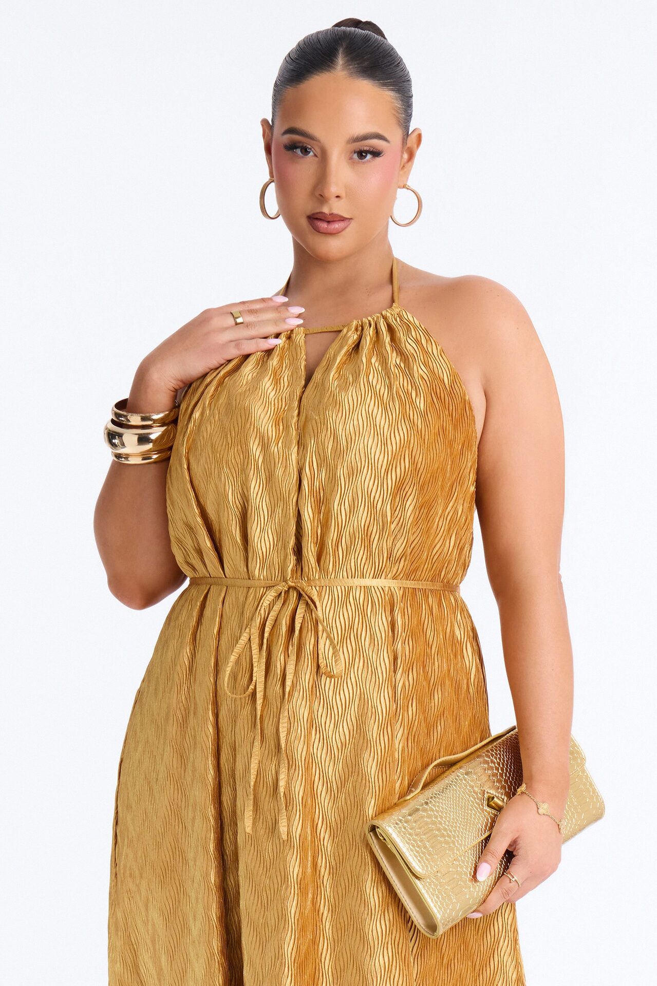 Vivianna Backless Plisse Maxi Dress - Mustard