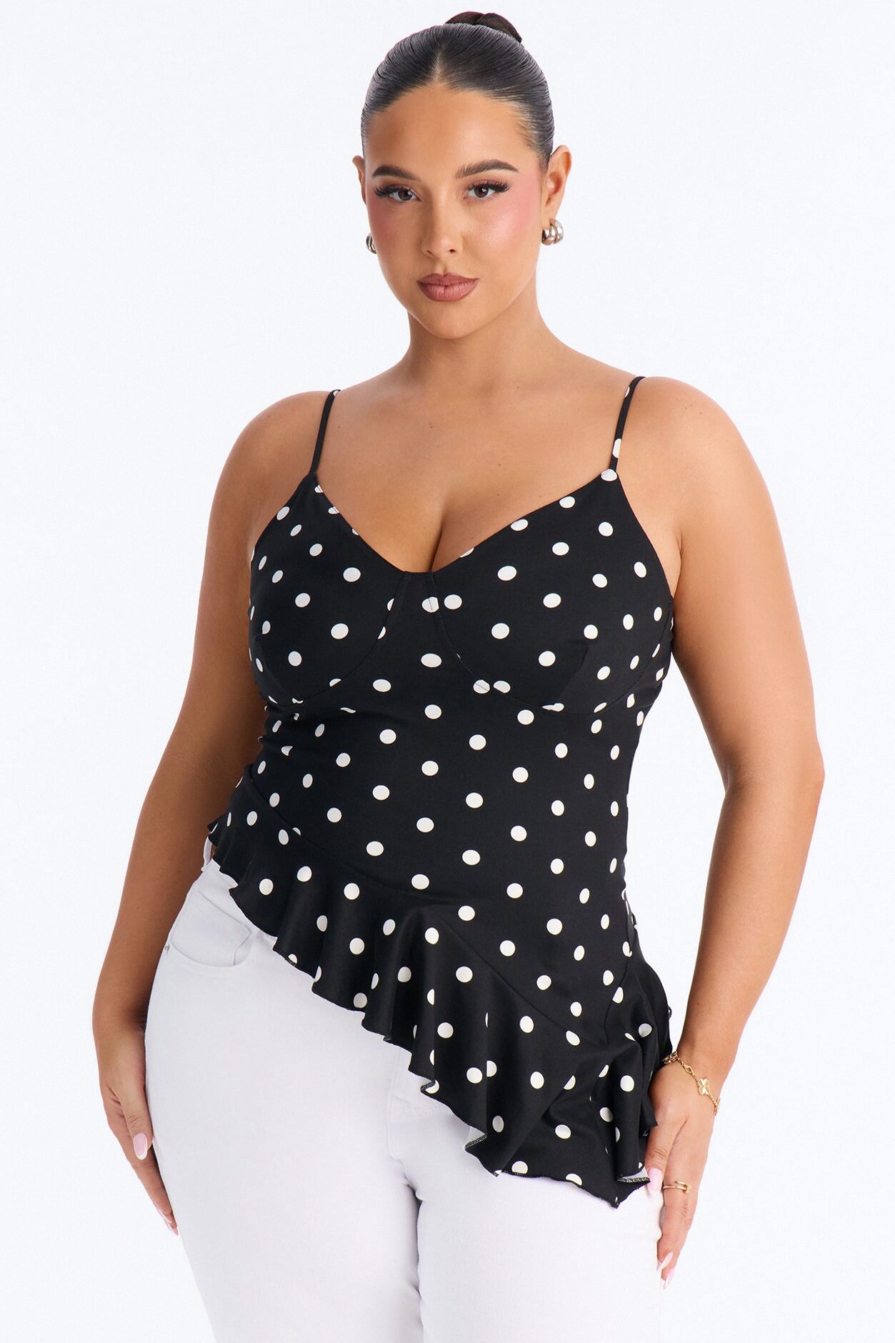 Bailey Polka Dot Asymmetrical Ruffle Top - Black/combo