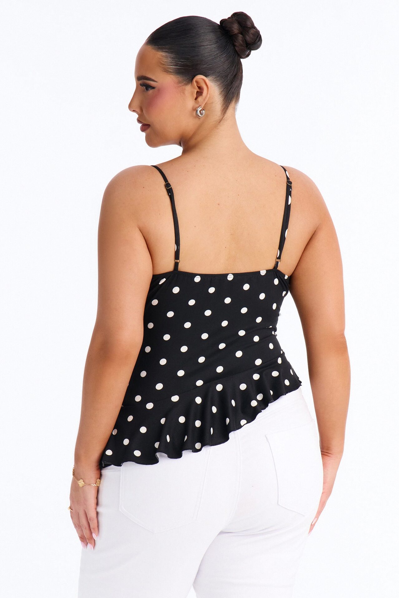 Bailey Polka Dot Asymmetrical Ruffle Top - Black/combo