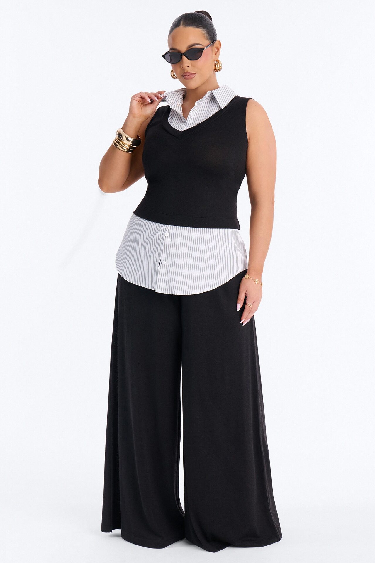 Class Act Sleeveless Pinstripe Pant Set - Black/combo