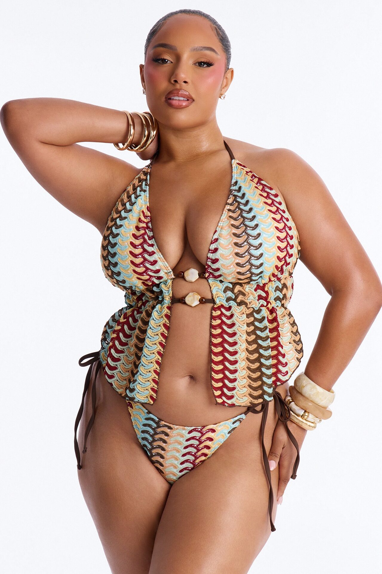 Hot And Sandy 2 Piece Textured Tankini Beaded Bikini Set - Brown/combo
