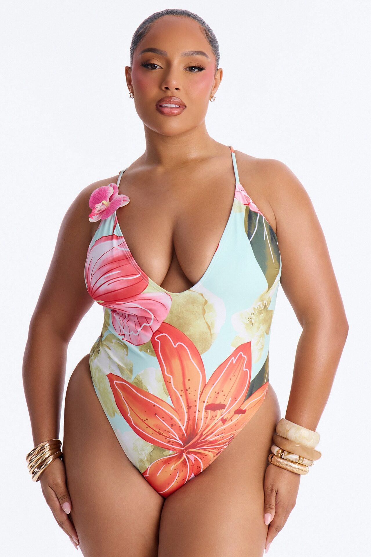 Anahi Floral 3D V-Neck 1 Piece Swimsuit - Teal/combo