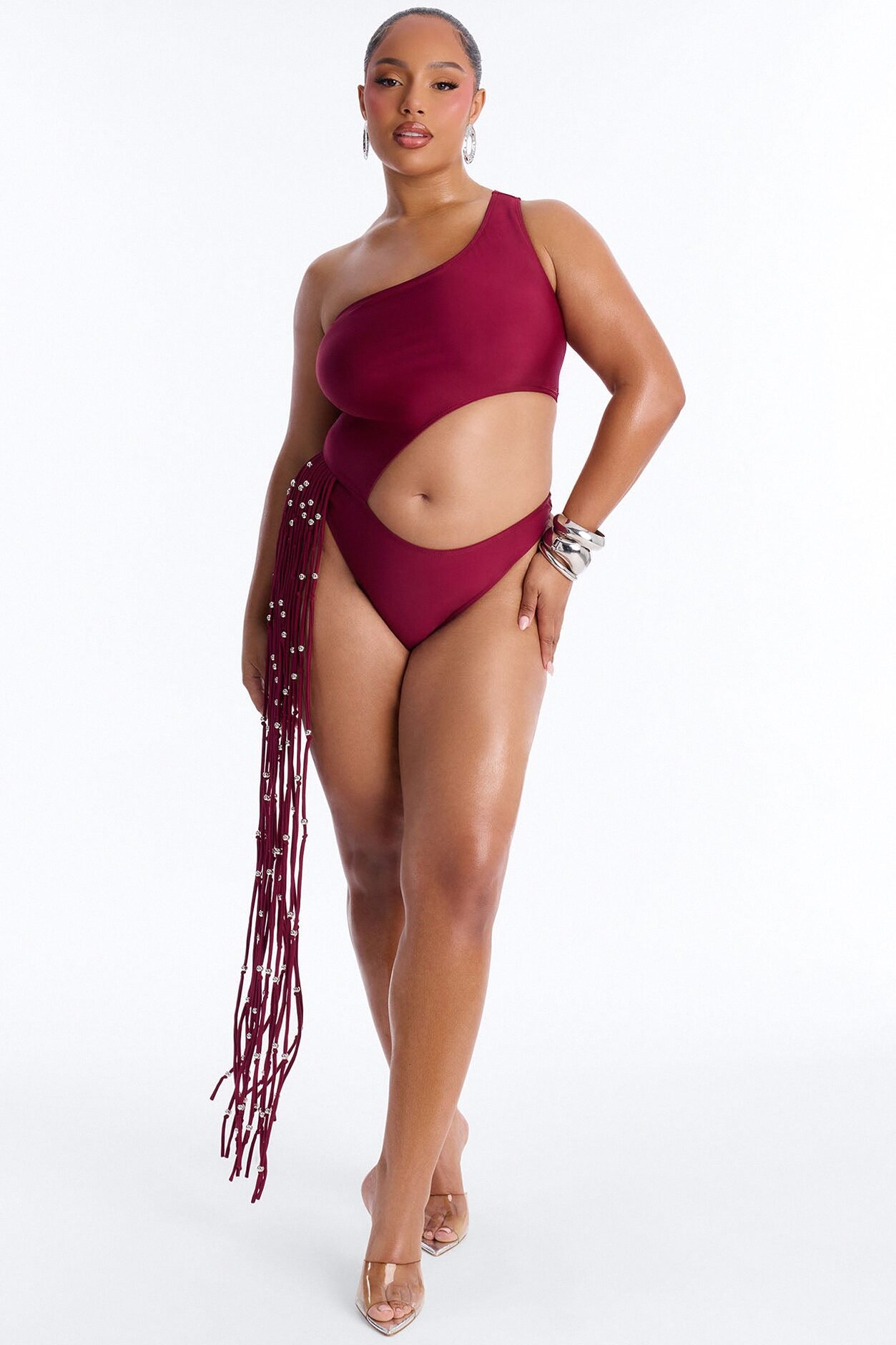 Wendy Fringe Cut Out 1 Piece Swimsuit - Burgundy