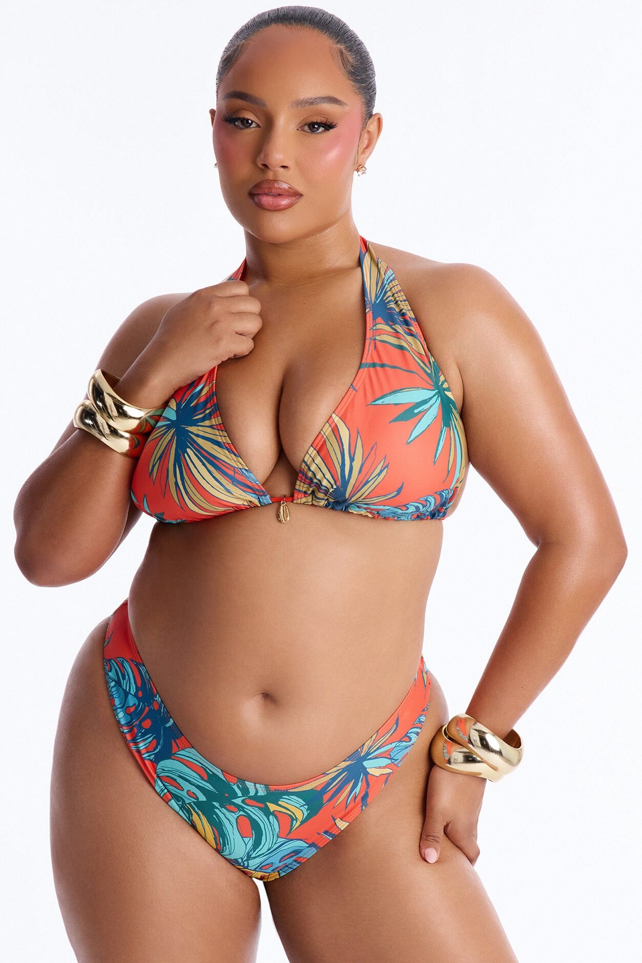 Tiki Goddess 3 Piece Triangle Bikini And Maxi Skirt Set - Orange/combo