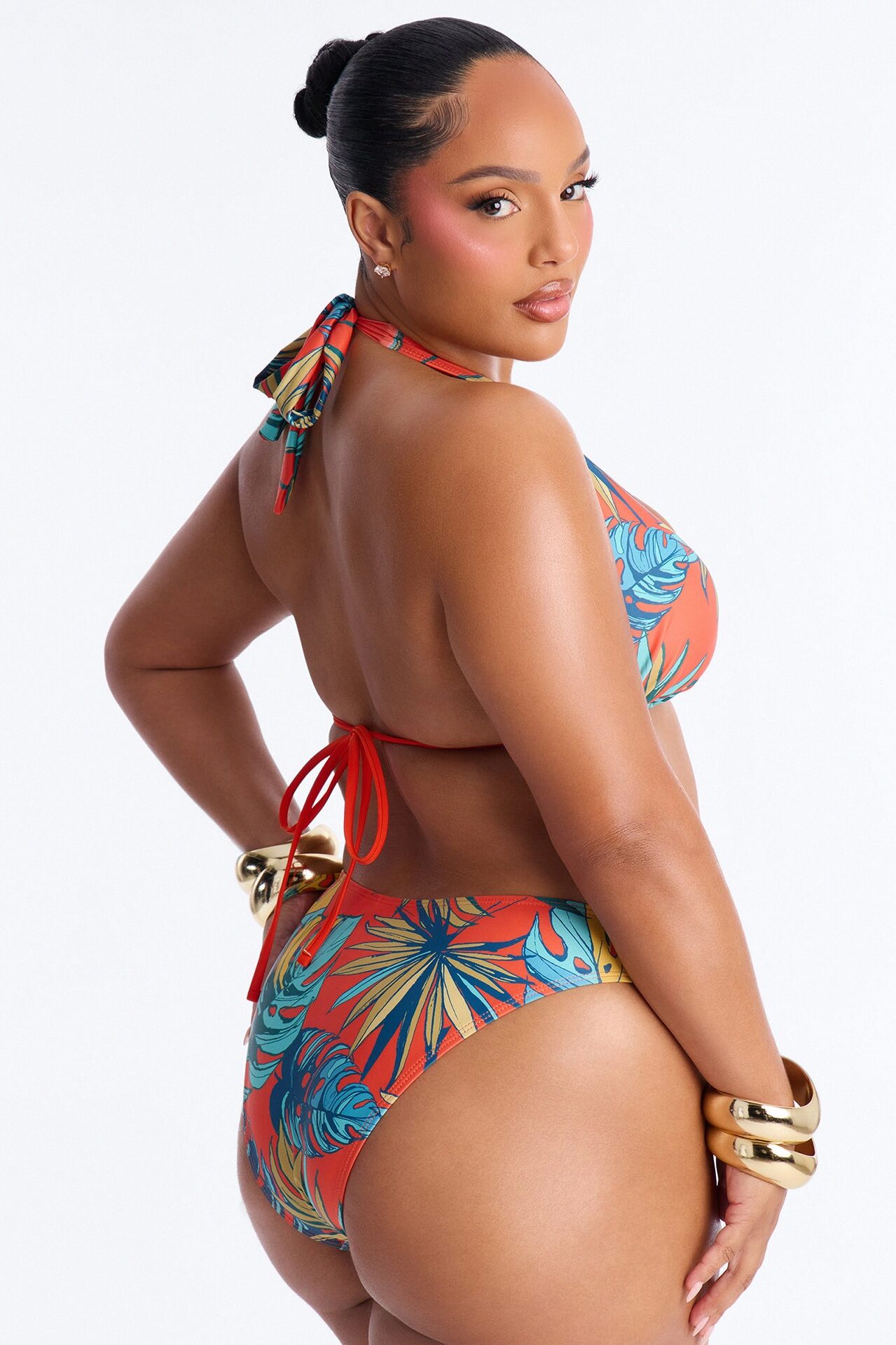 Tiki Goddess 3 Piece Triangle Bikini And Maxi Skirt Set - Orange/combo