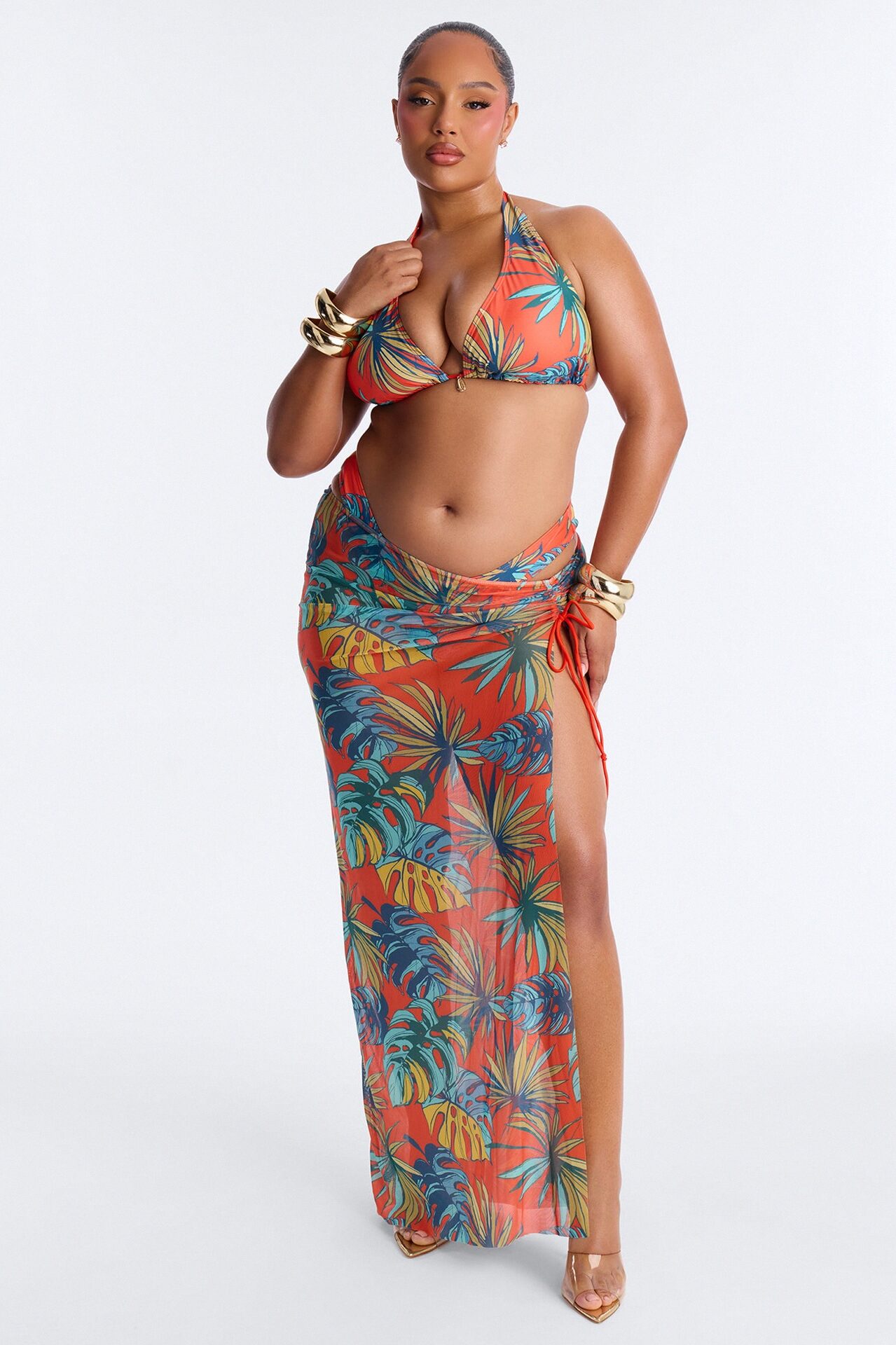 Tiki Goddess 3 Piece Triangle Bikini And Maxi Skirt Set - Orange/combo