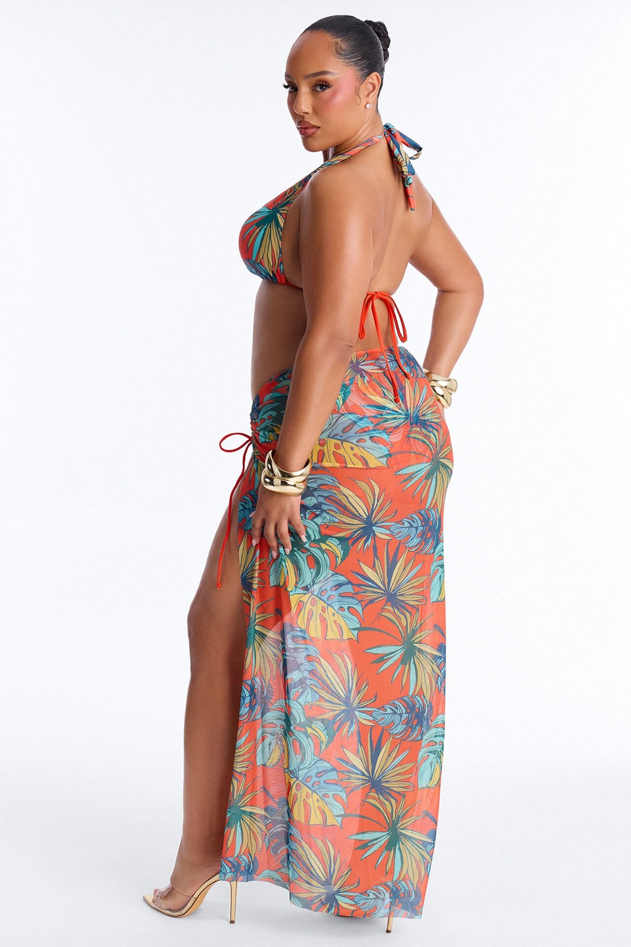 Tiki Goddess 3 Piece Triangle Bikini And Maxi Skirt Set - Orange/combo