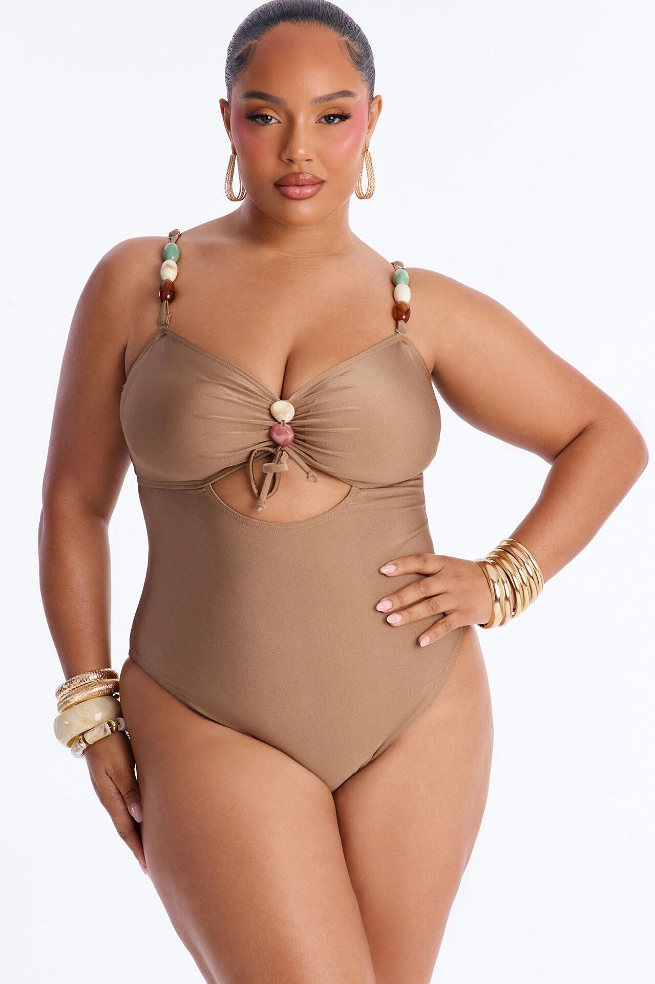Shiny Stones By The Waves Cut Out 1 Piece Swimsuit - Gold