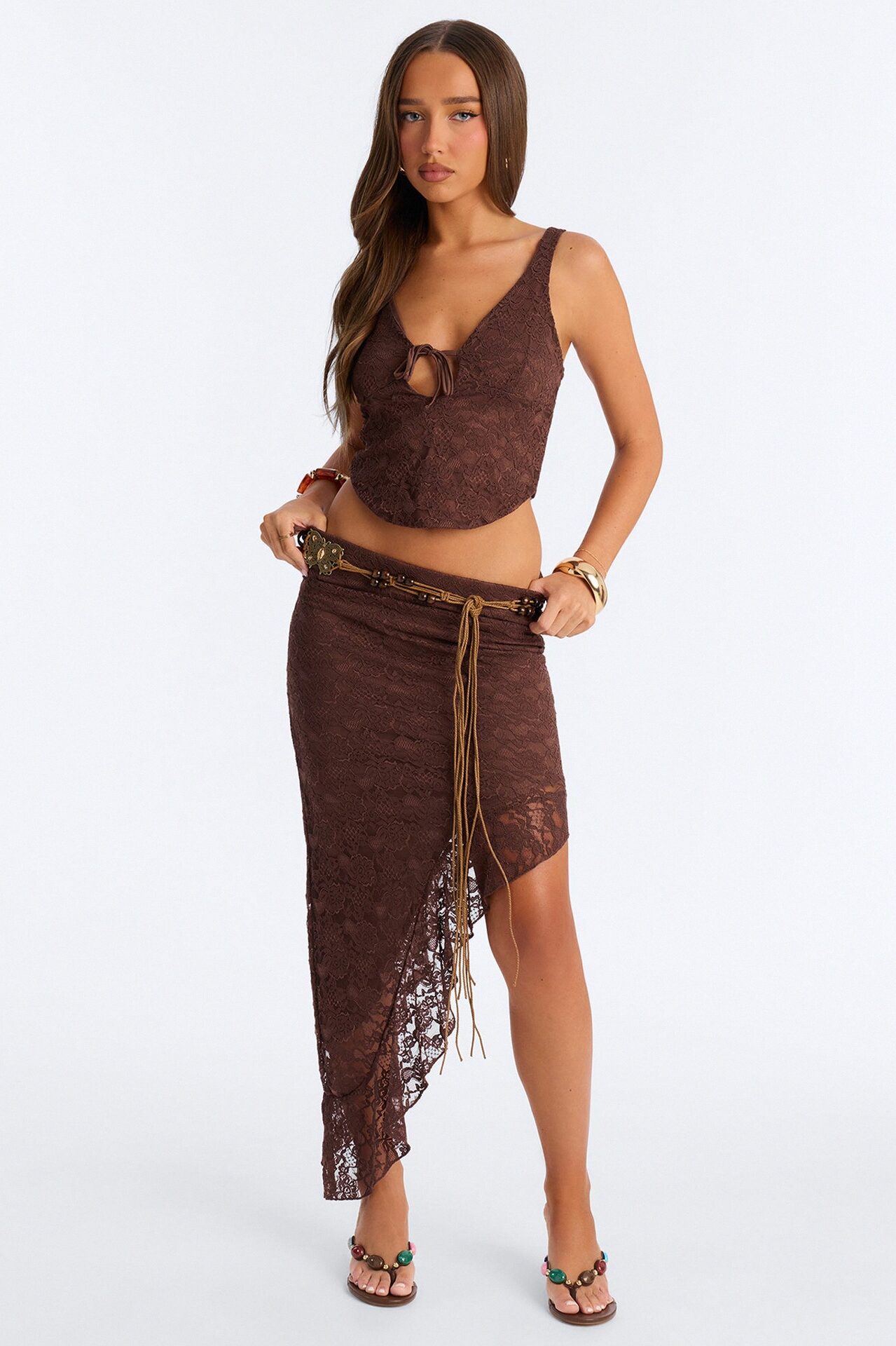 Boho Dreams Belted Lace Skirt Set - Chocolate