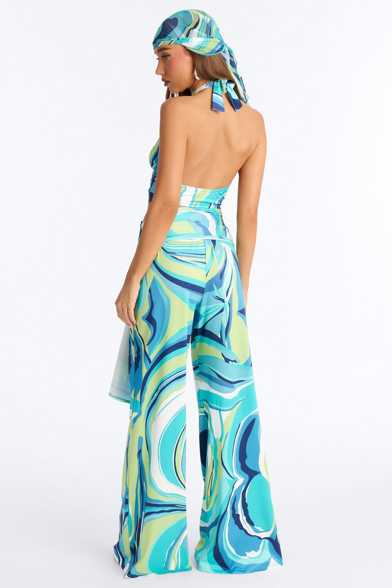 Danni Head Scarf 3 Piece Pant Set - Blue/combo