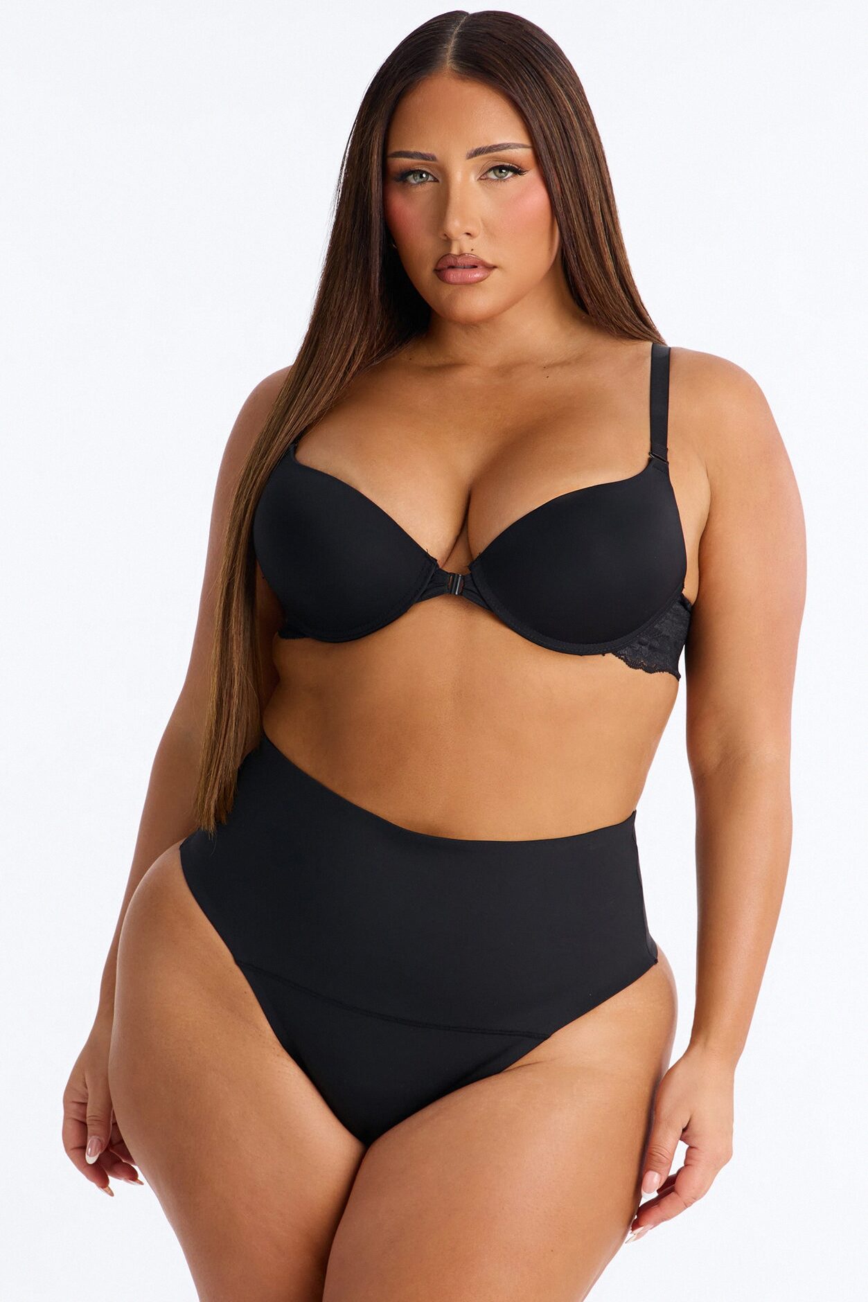 Mid Compression High Waist Shapewear Thong - Black