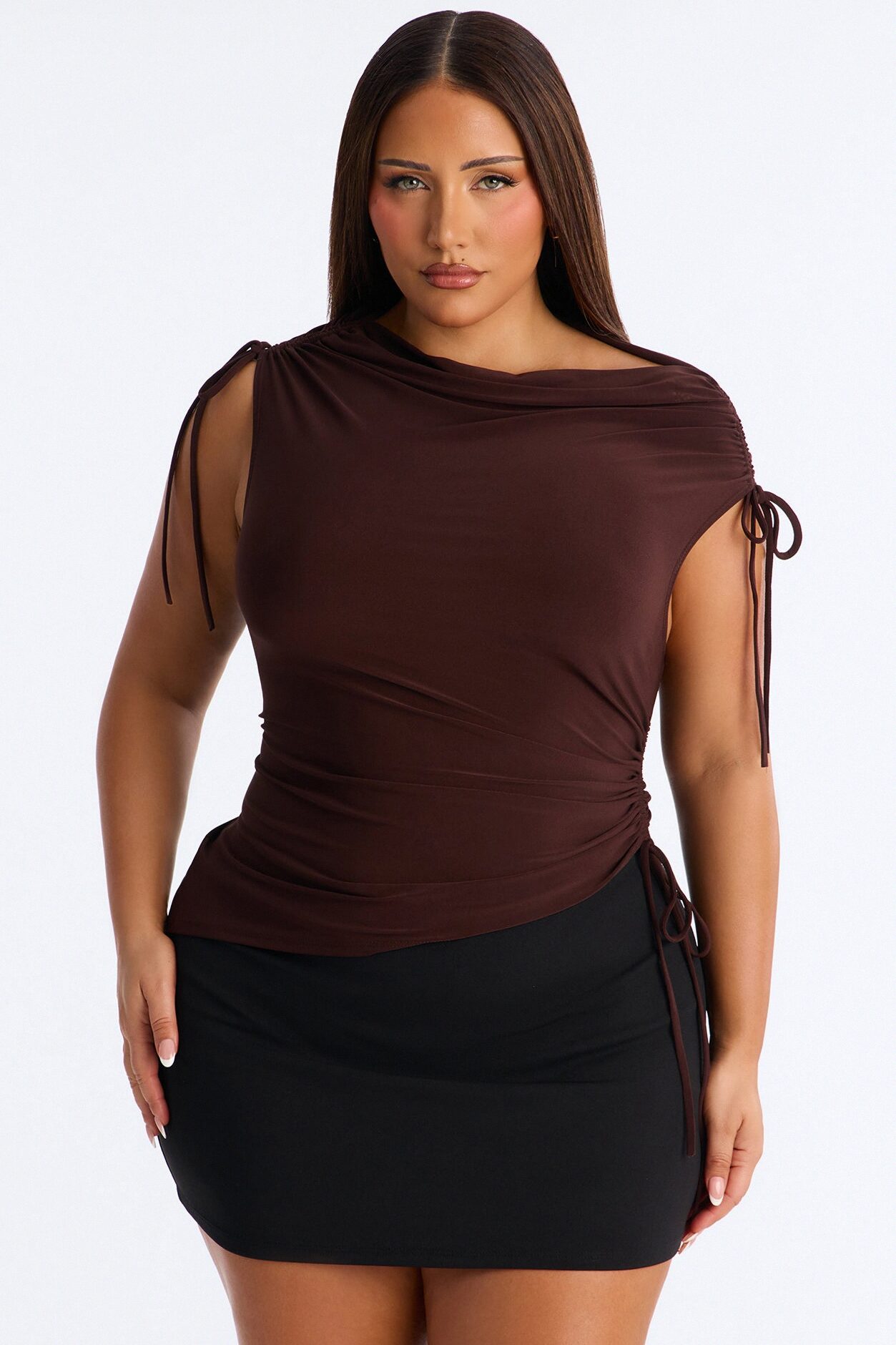 Taylor Drawstring Asymmetrical Short Sleeve Top - Chocolate
