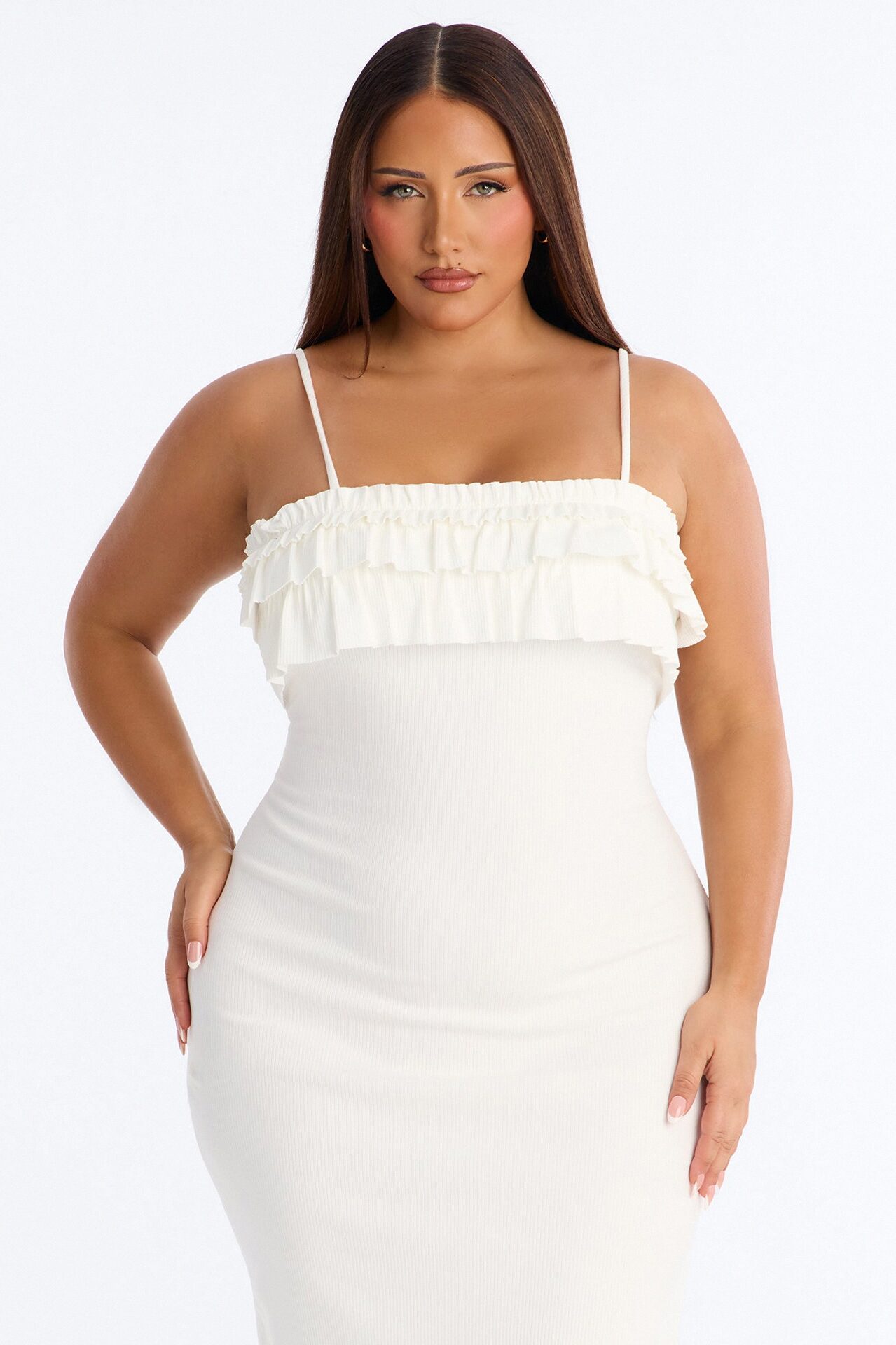 Paloma Ruffle Ribbed Midi Dress - White
