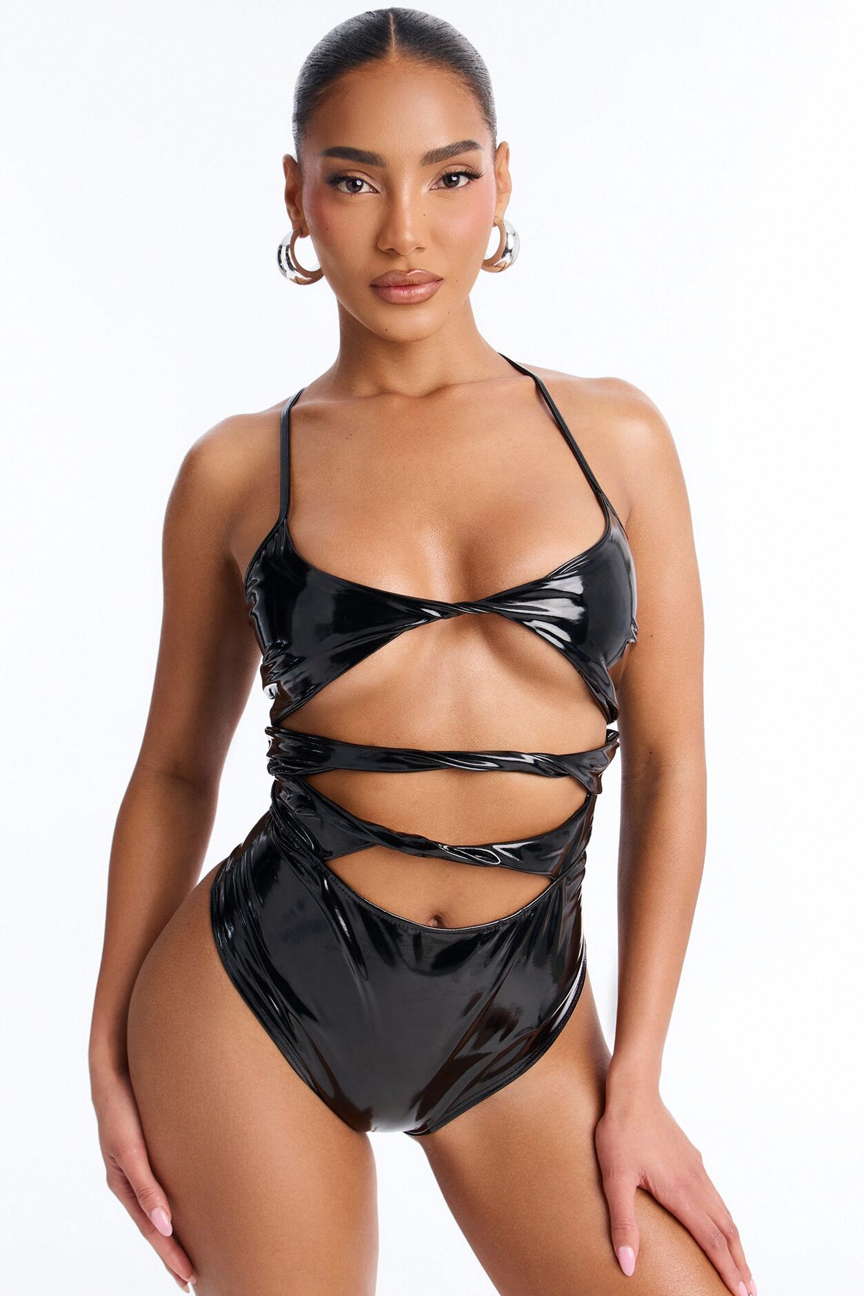 Iconic Mood Latex Cut Out Bodysuit - Black