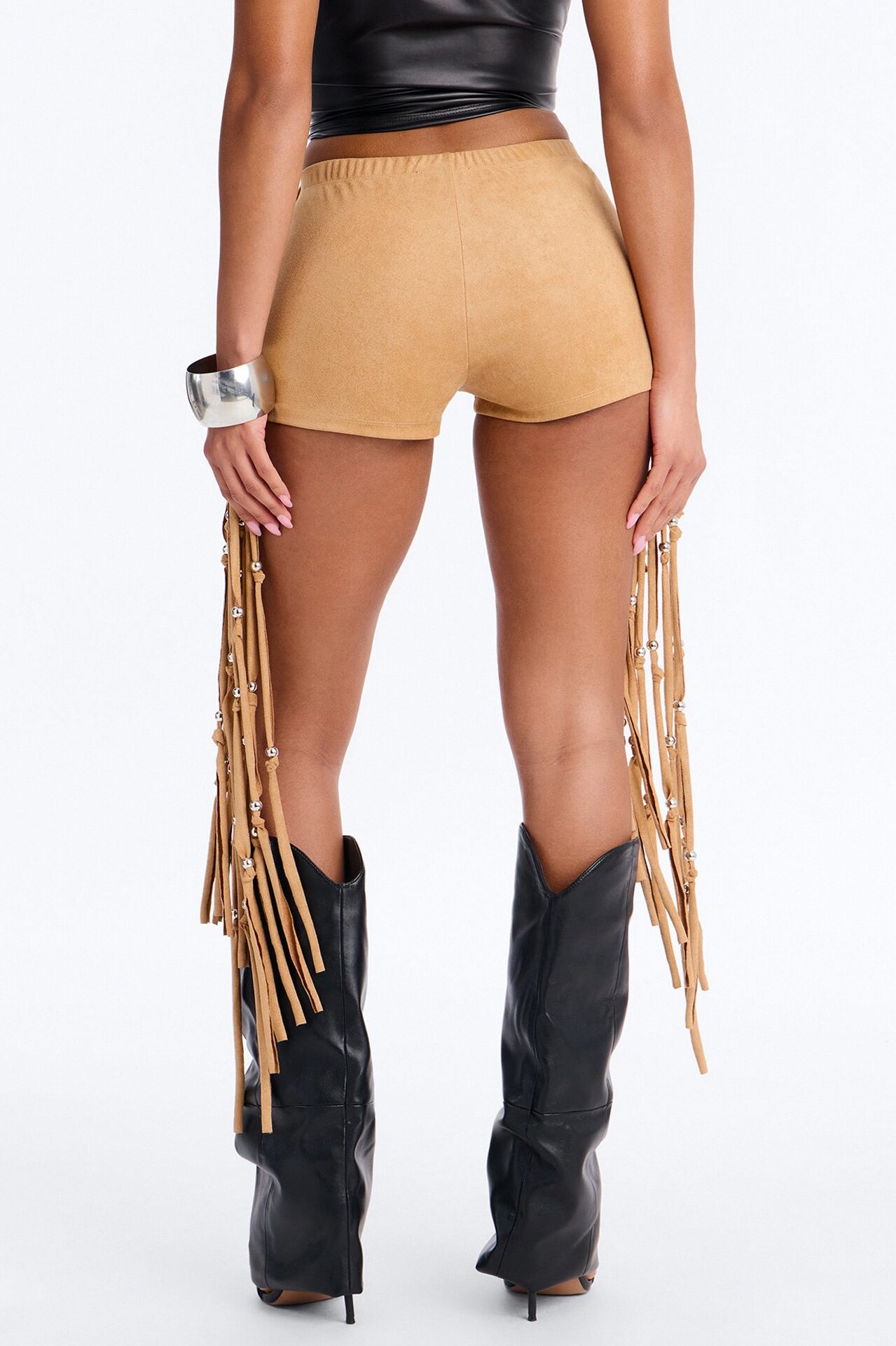 Indio Nights Beaded Fringe Trim Micro Short - Camel