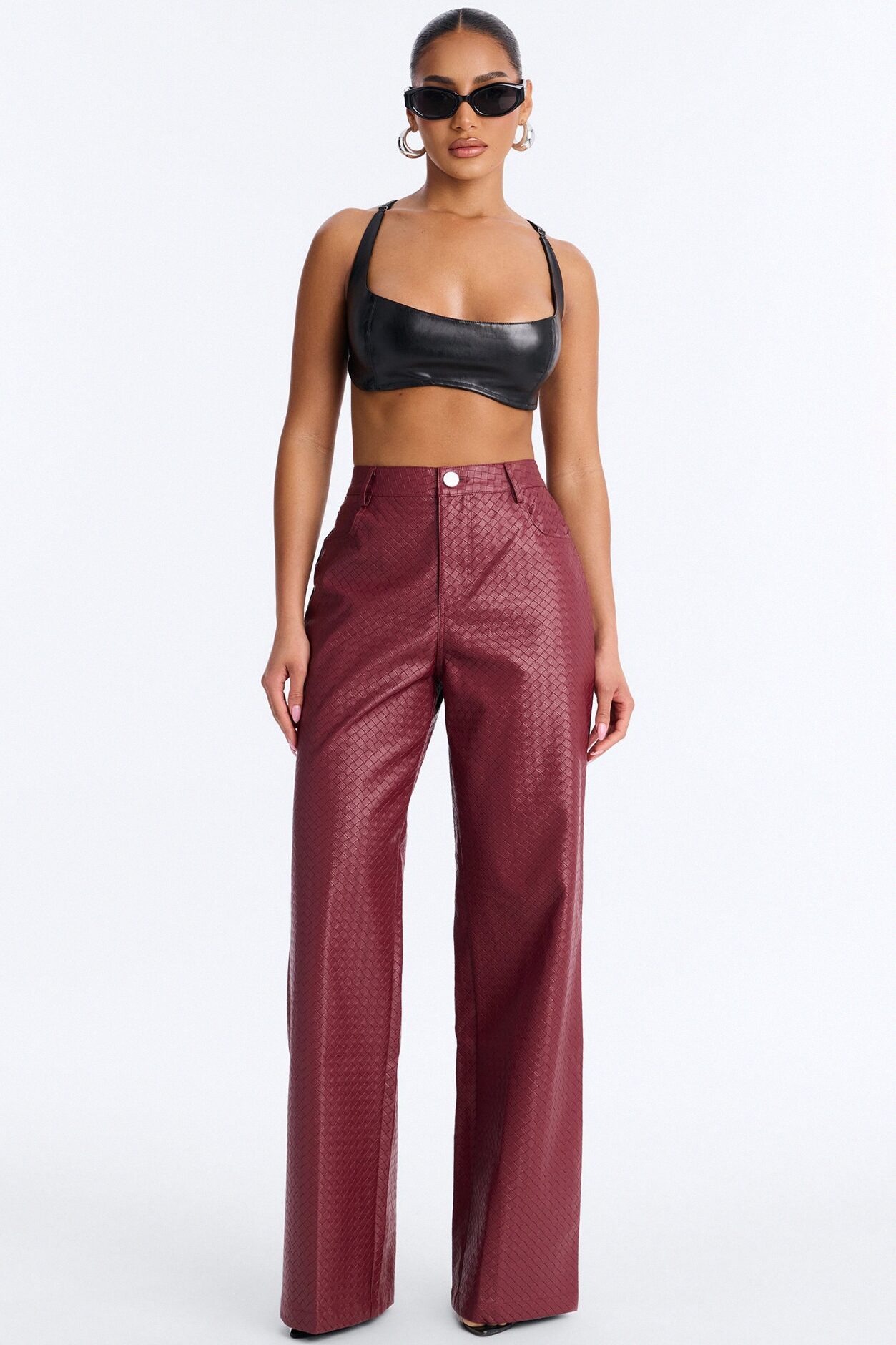 Jewel Mid Rise Weave Embossed Faux Leather Wide Leg Pant - Wine