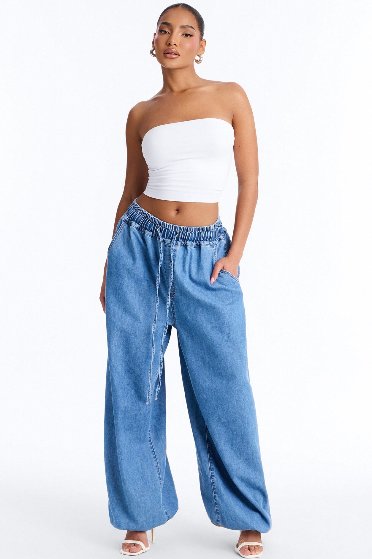 Premium Drapey Denim Baggy Jogger Jeans - Medium Wash