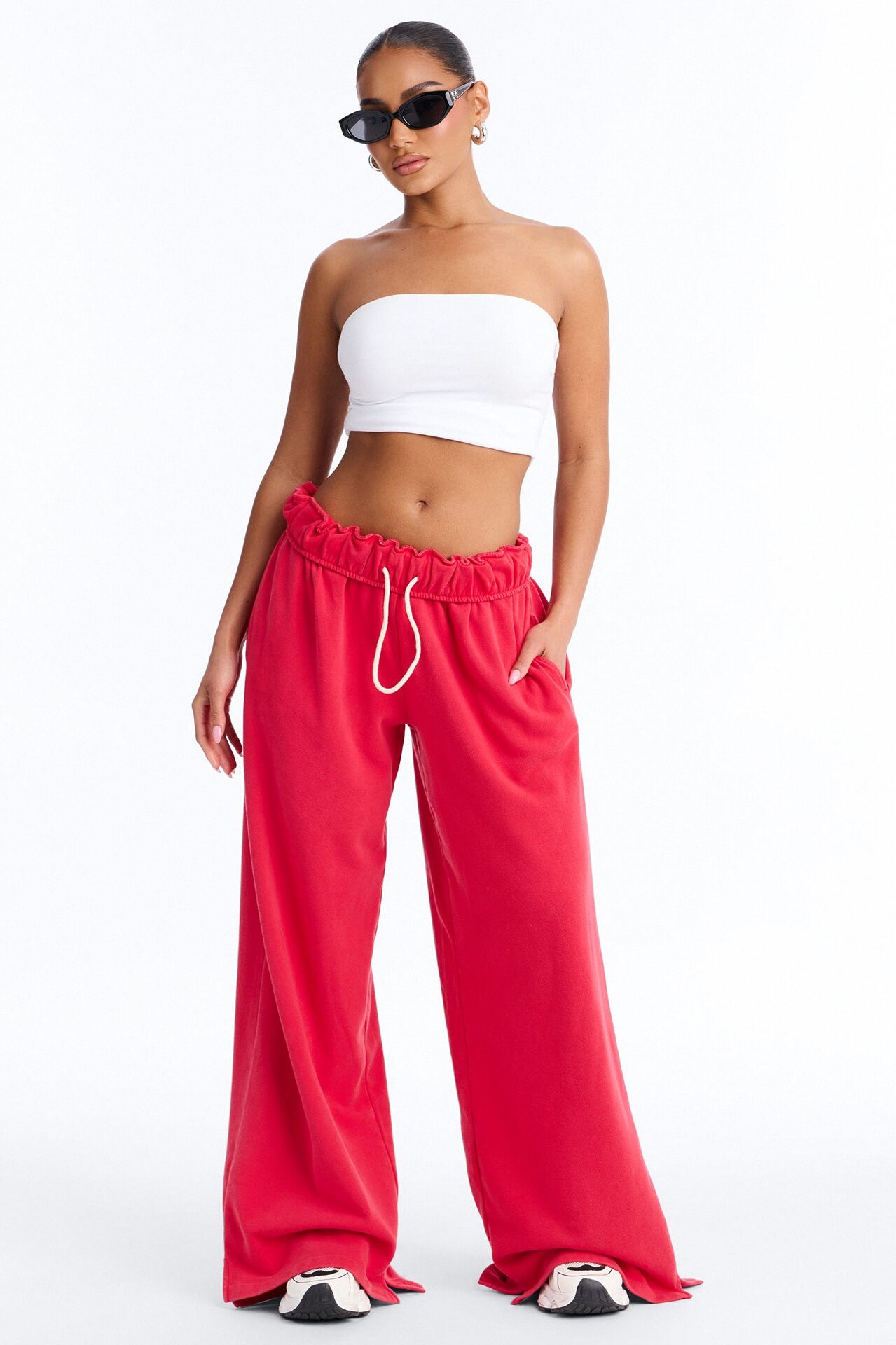 Sophia French Terry Foldover Waist Washed Sweatpant - Red