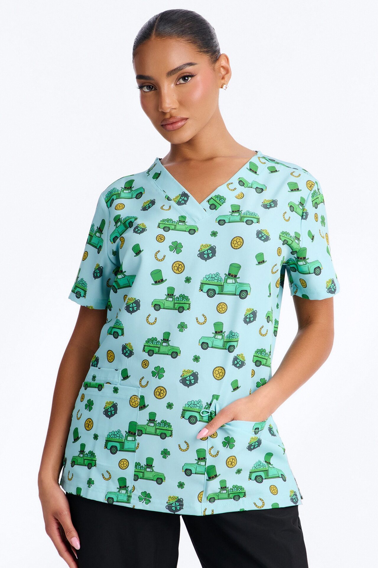 Luck In A Pick Up Truck Scrub Top - Green/combo