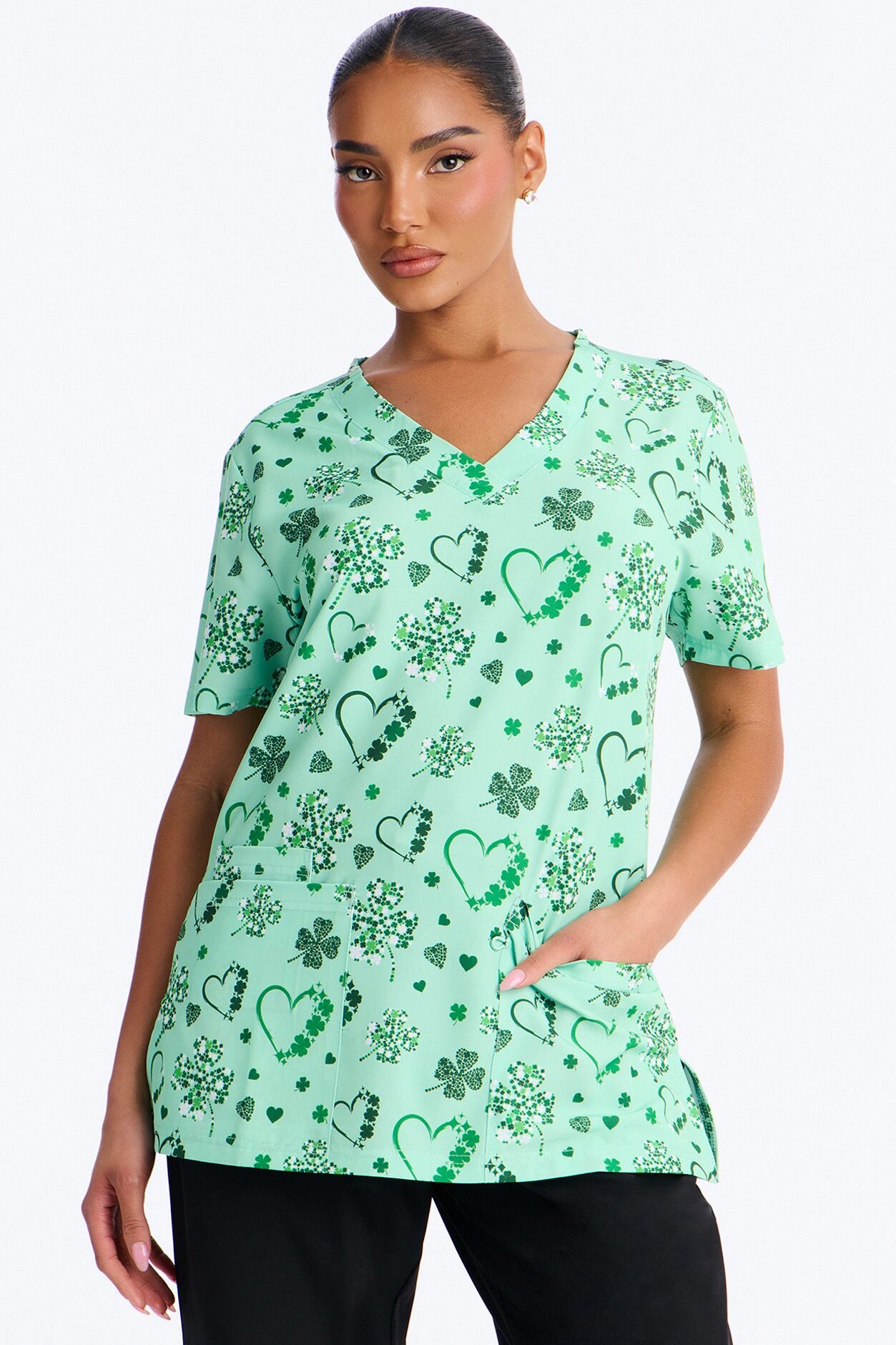 Lucky In Love Scrub Top - Green/combo