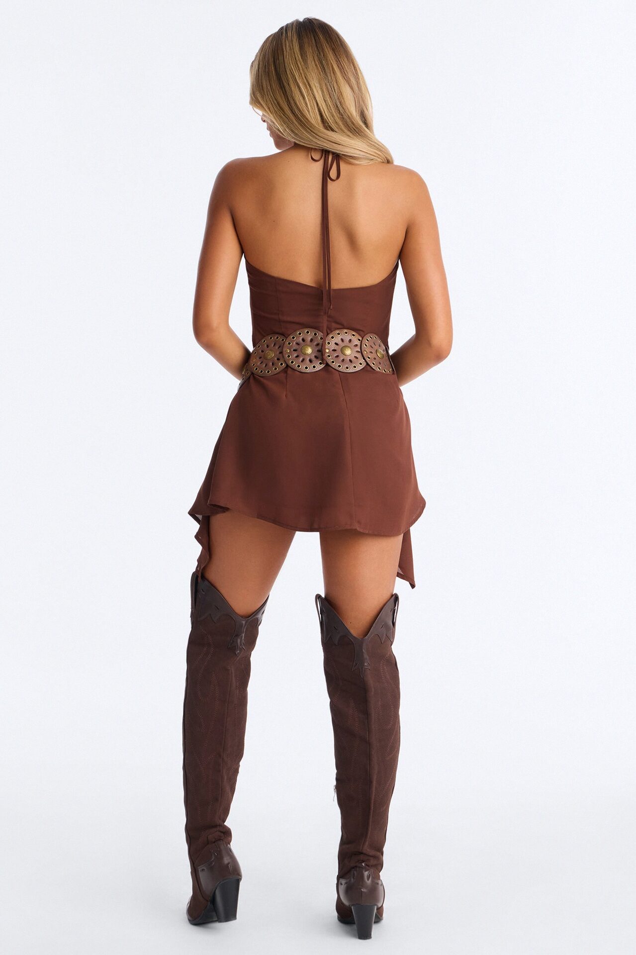 Studded Slay Halter Chiffon Mini Dress - Brown