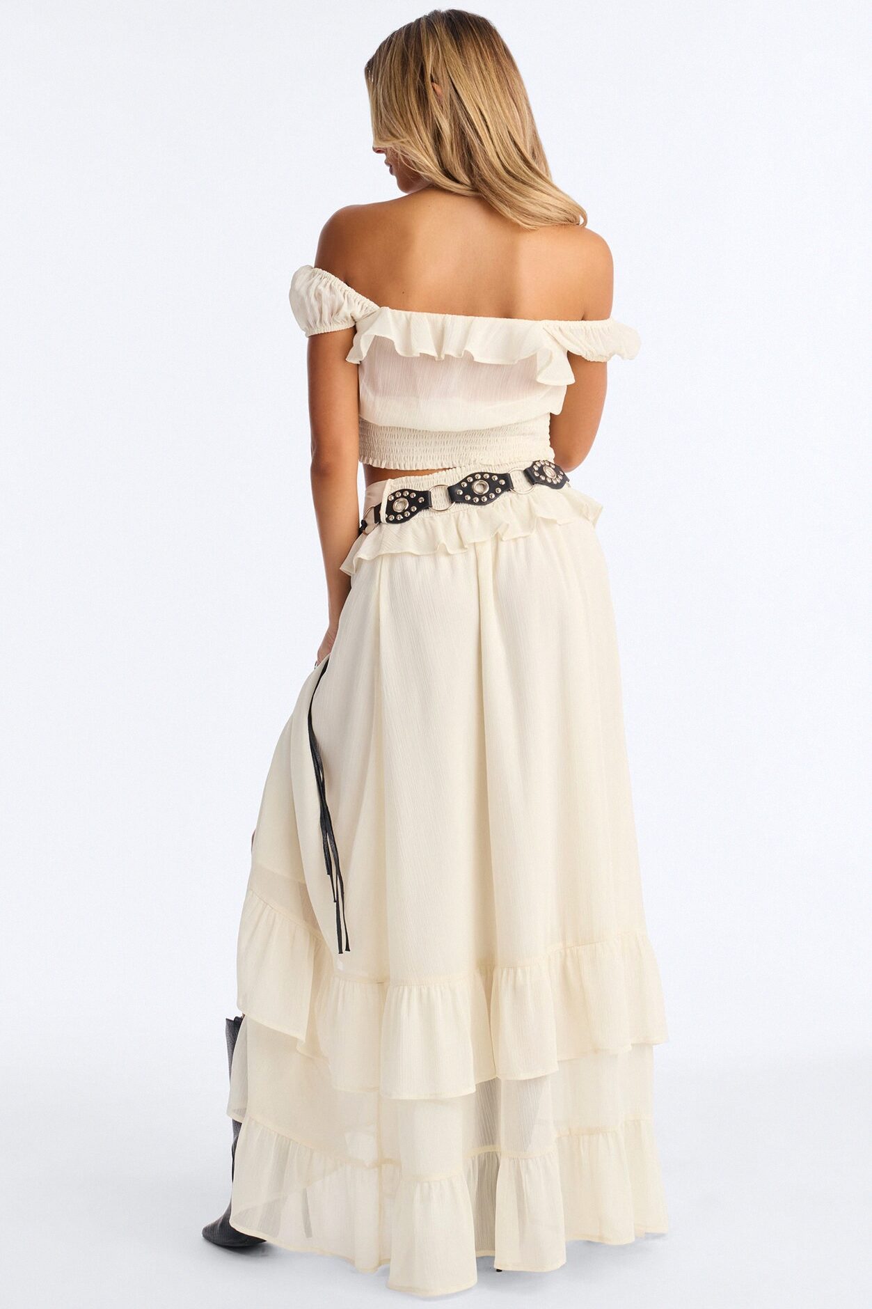Odessa Ruffle Belted Maxi Skirt Set - Cream
