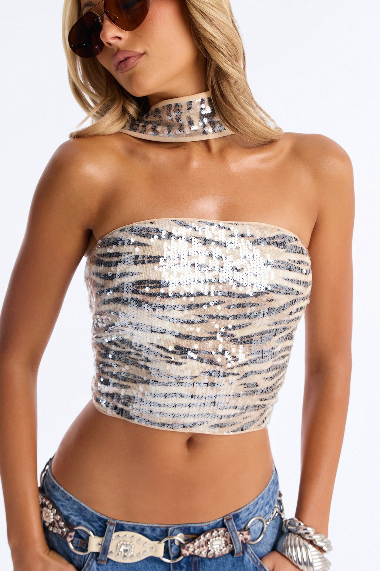 Kona Sequin Tiger High Neck Strapless Tube Top - Brown/combo