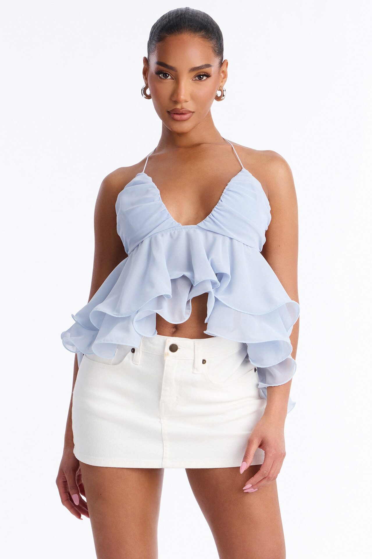 Cute Life Ruffle Chiffon Babydoll Top - Blue