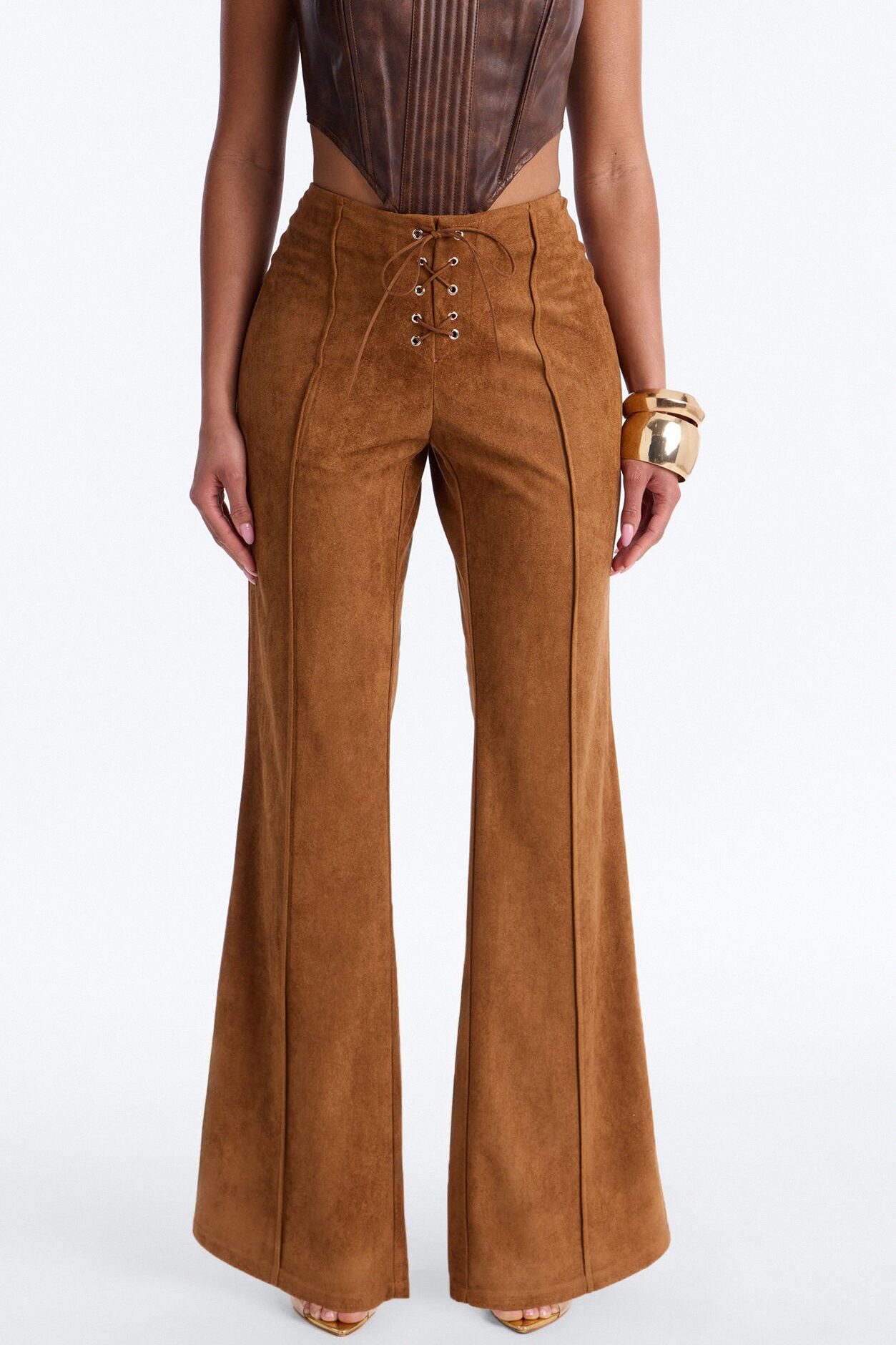 Out West Faux Suede Lace Front Straight Leg Pant - Camel