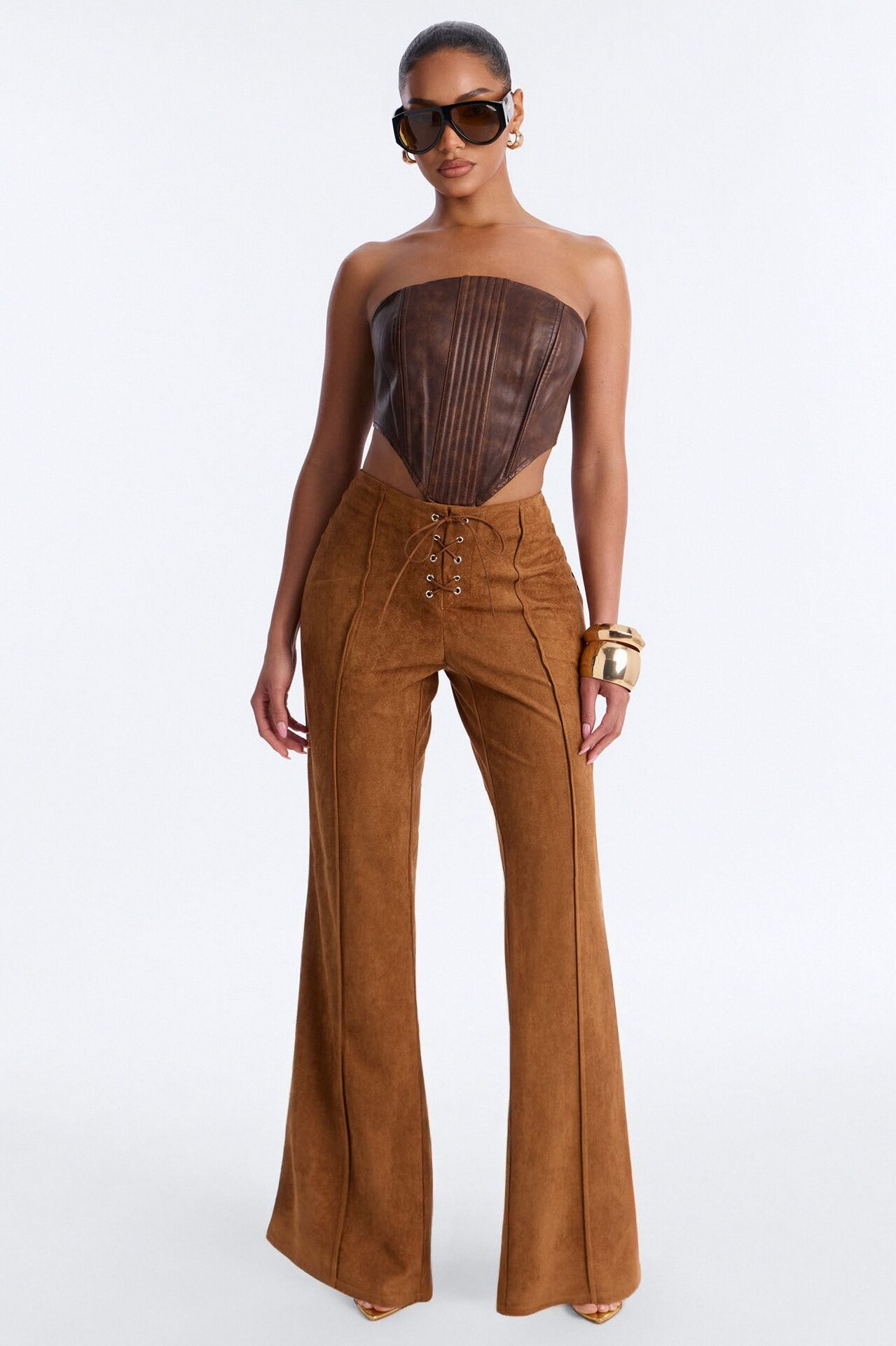 Out West Faux Suede Lace Front Straight Leg Pant - Camel