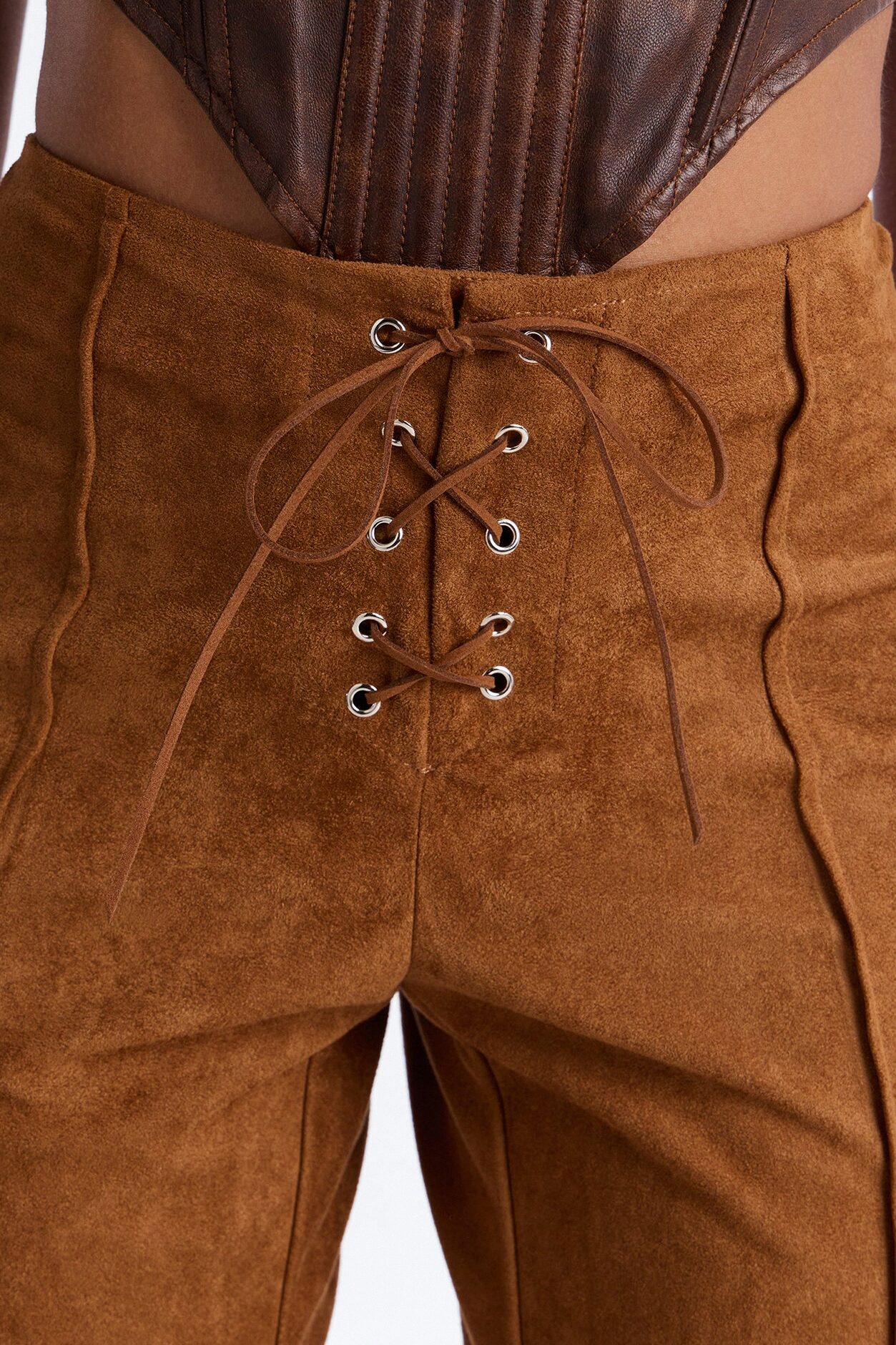 Out West Faux Suede Lace Front Straight Leg Pant - Camel