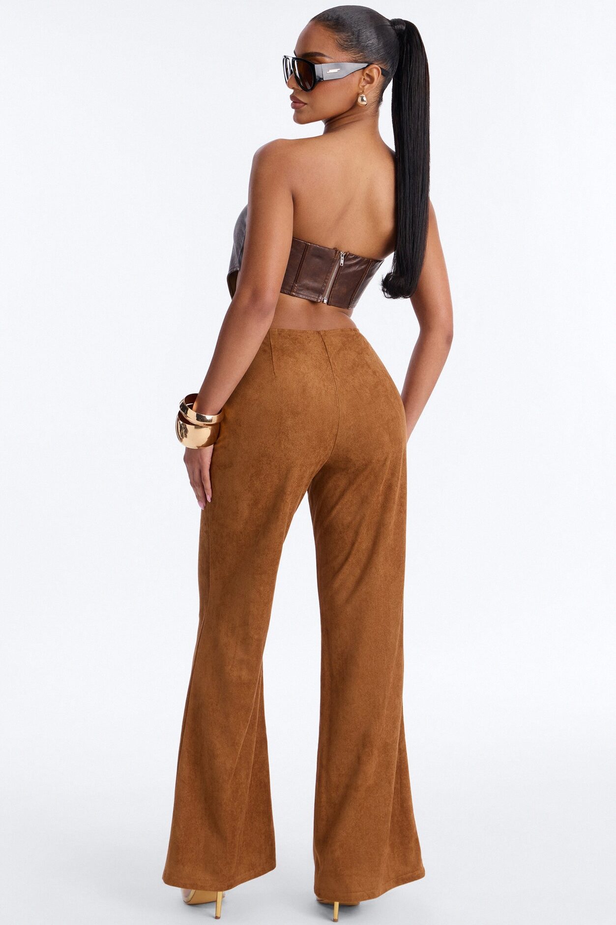 Out West Faux Suede Lace Front Straight Leg Pant - Camel