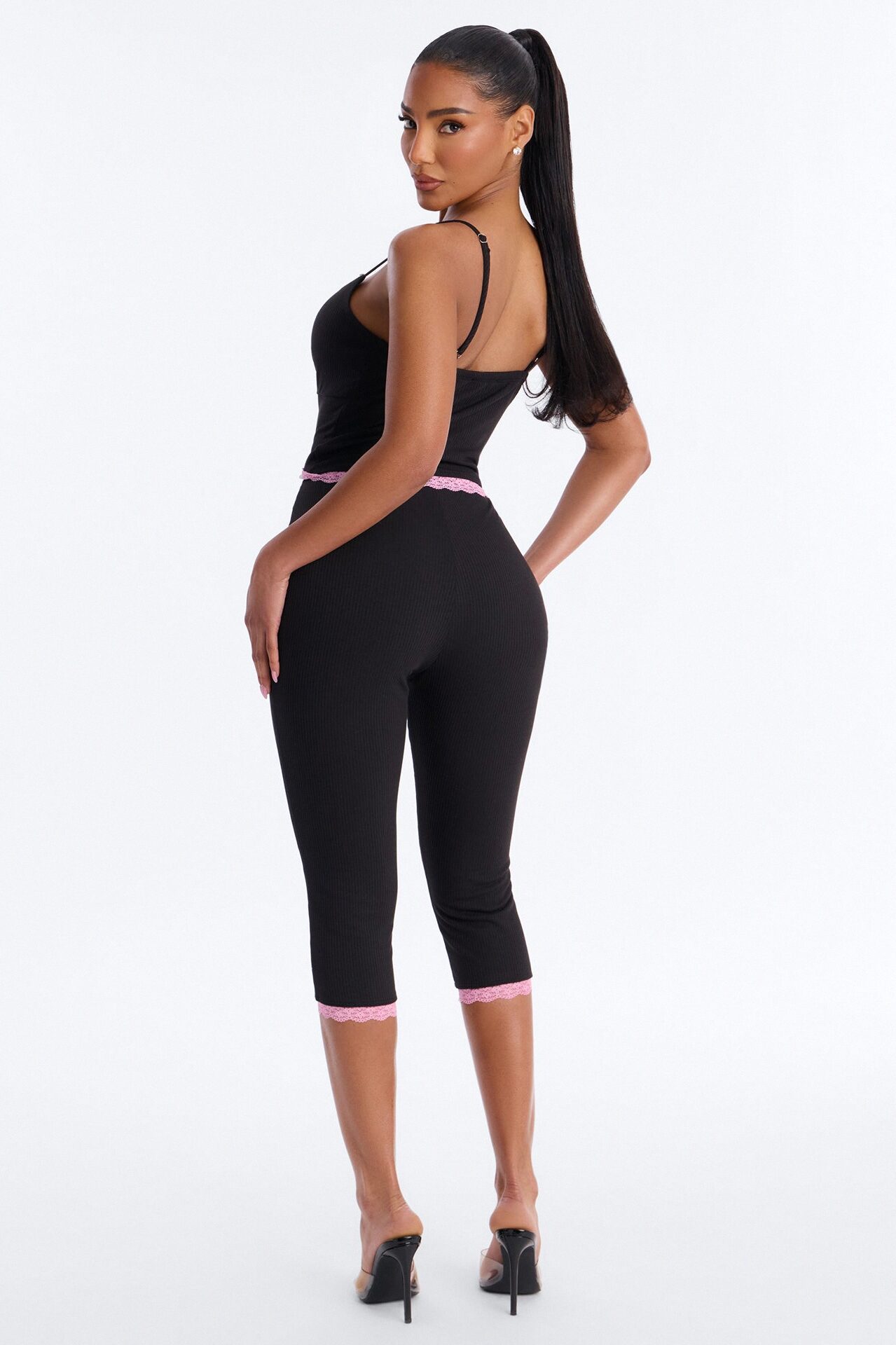 Layla Double Lined Ribbed Capri Set - Black