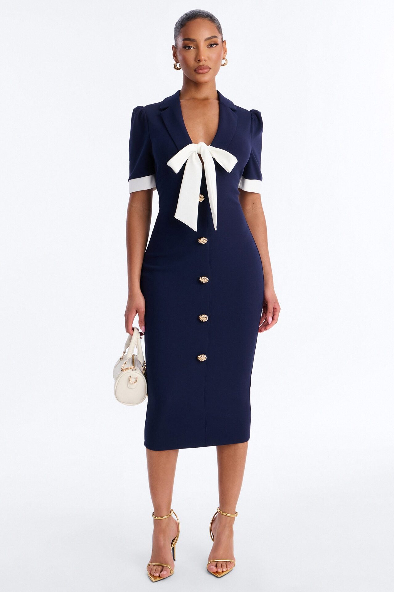 Margot Bow Midi Dress - Navy/combo