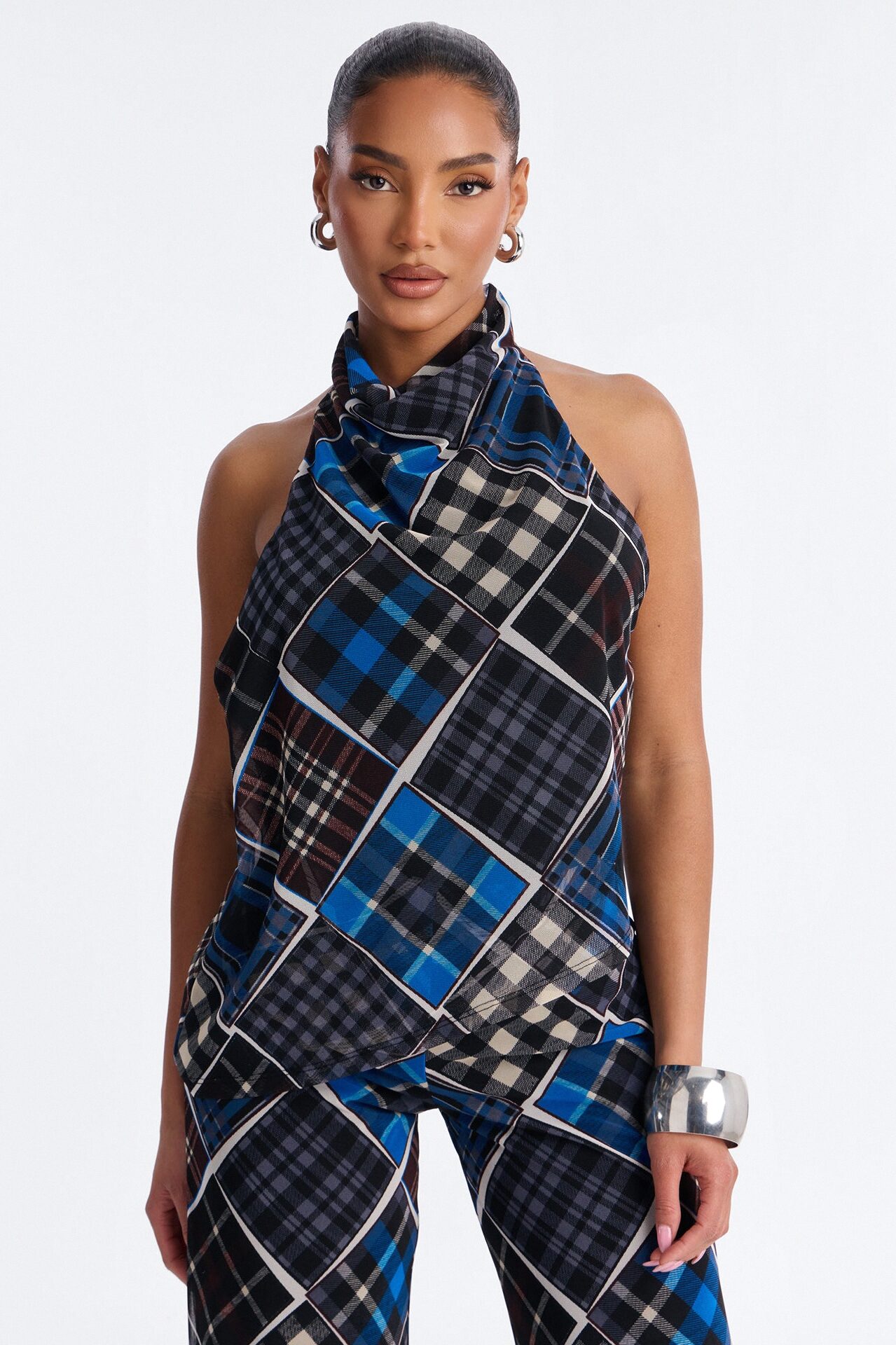 Trina Plaid Mesh Halter Pant Set - Blue/combo