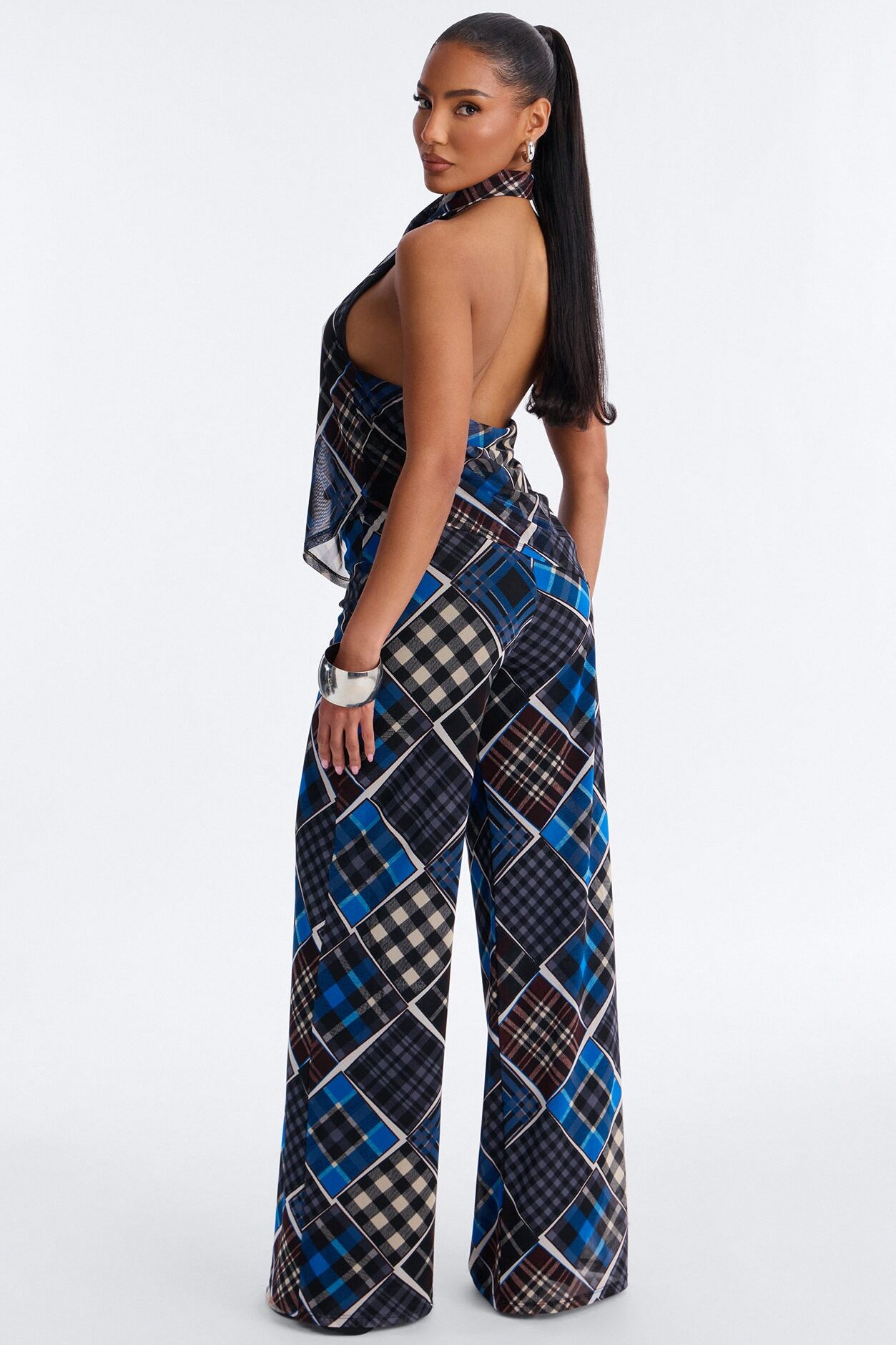 Trina Plaid Mesh Halter Pant Set - Blue/combo