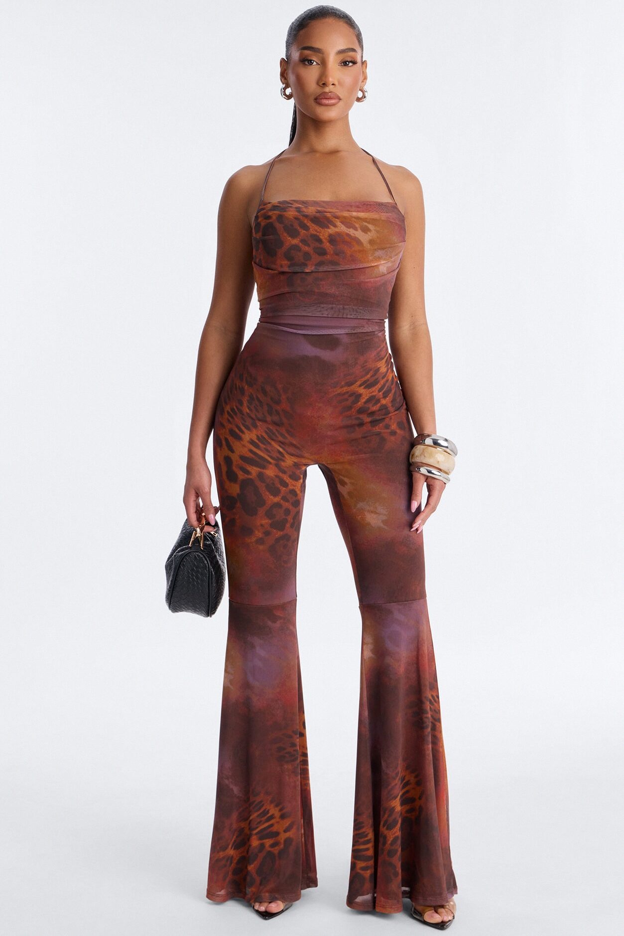 Lara Leopard Flare Leg Jumpsuit - Orange/combo