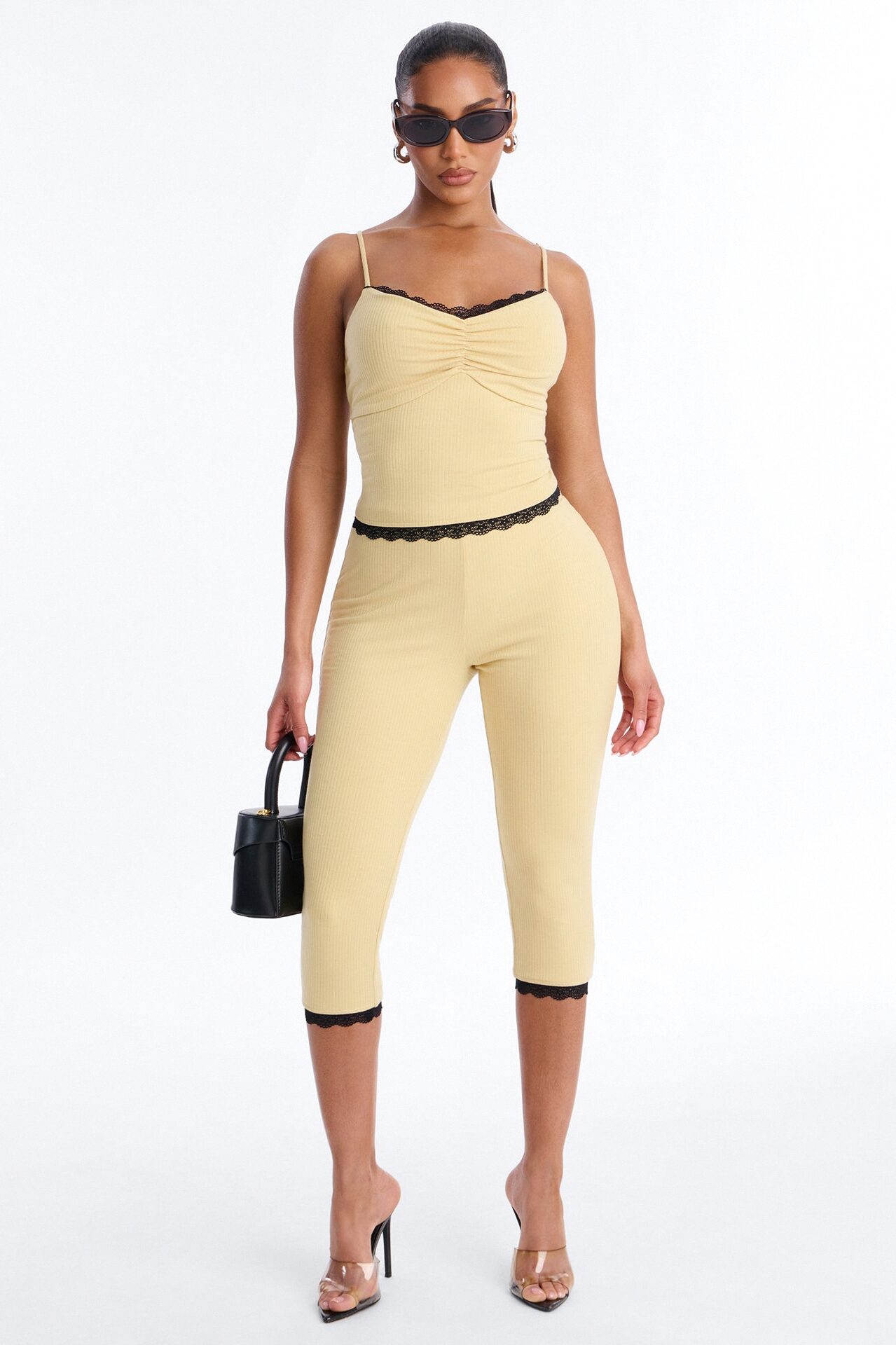 Layla Double Lined Ribbed Capri Set - Yellow
