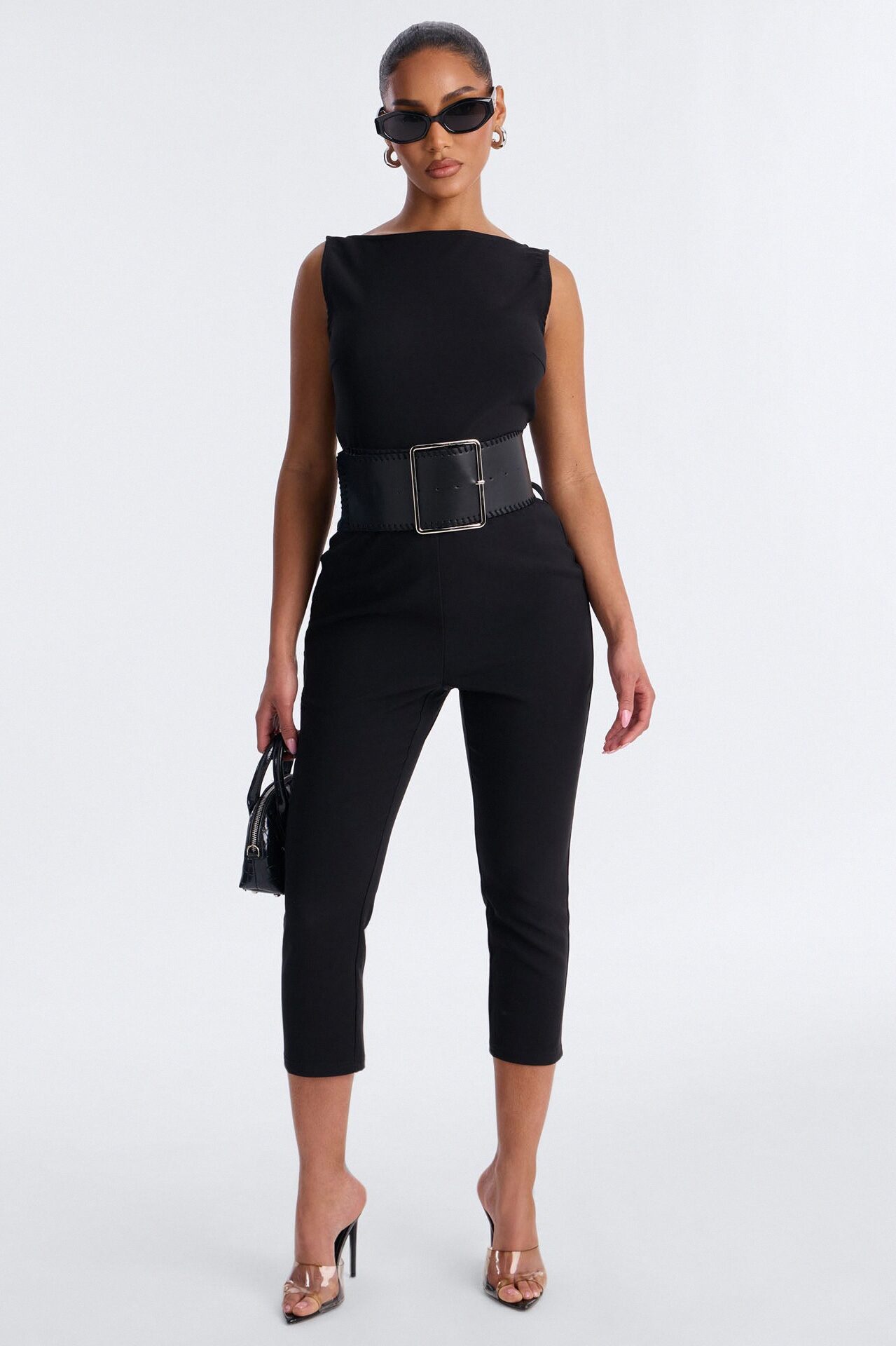 Amaya Boat Neck Belted Capri Jumpsuit - Black