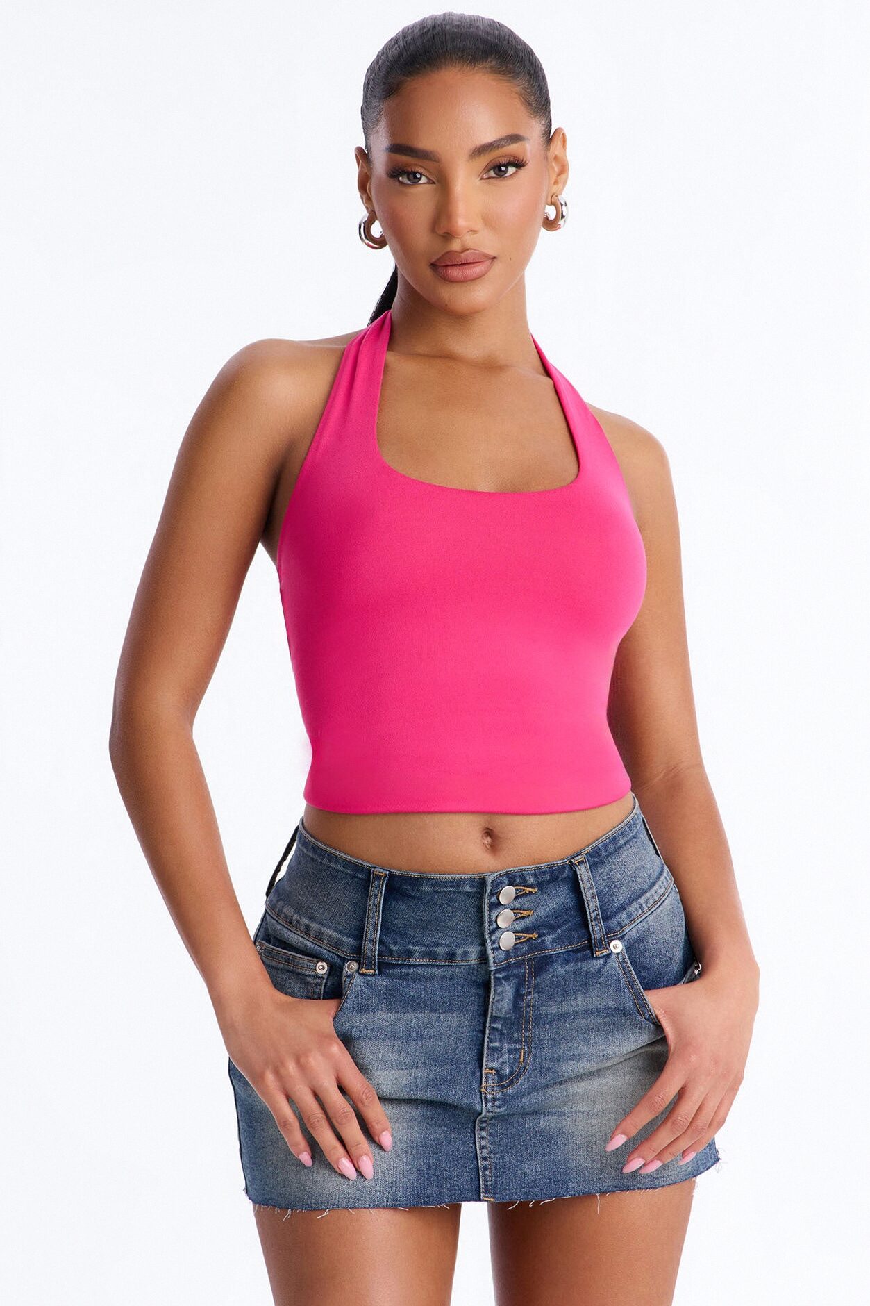 Ellie Double Lined Basic Halter Top - Hot Pink