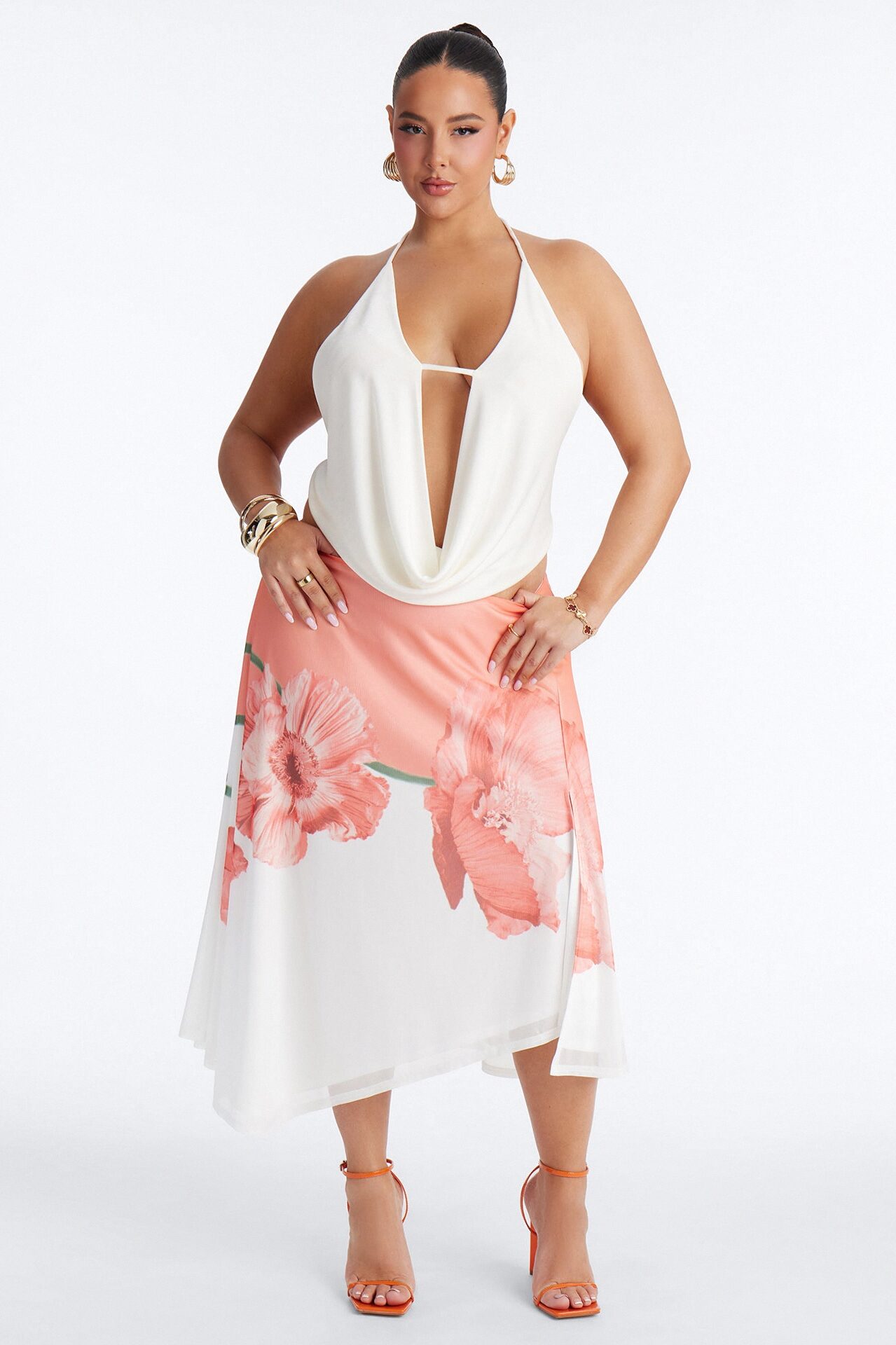 Aelia Floral Asymmetrical Mesh Midi Skirt - Orange/combo