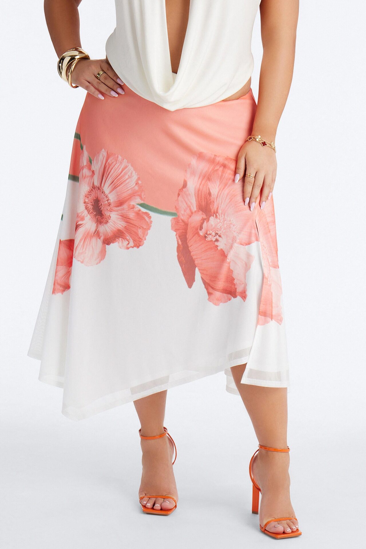 Aelia Floral Asymmetrical Mesh Midi Skirt - Orange/combo