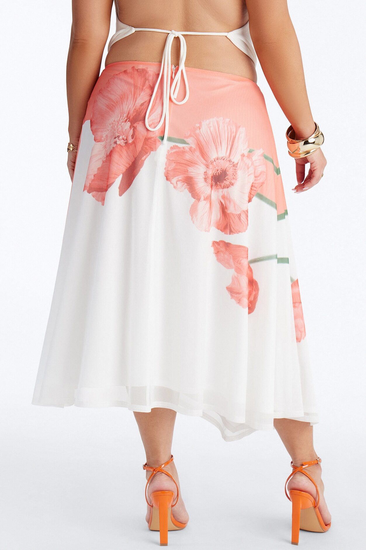 Aelia Floral Asymmetrical Mesh Midi Skirt - Orange/combo