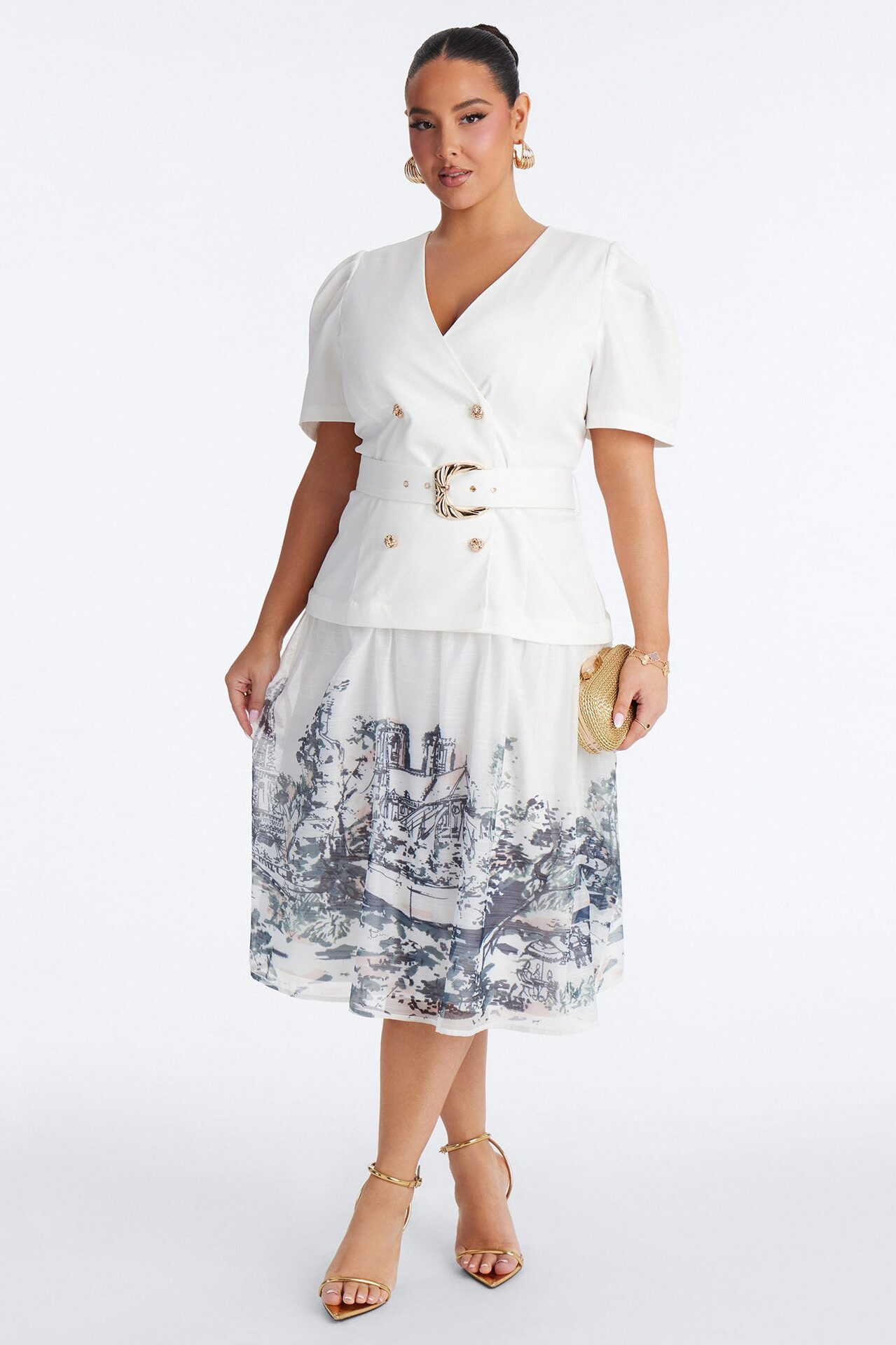 Margaret Belted Print Midi Dress - White/Blue