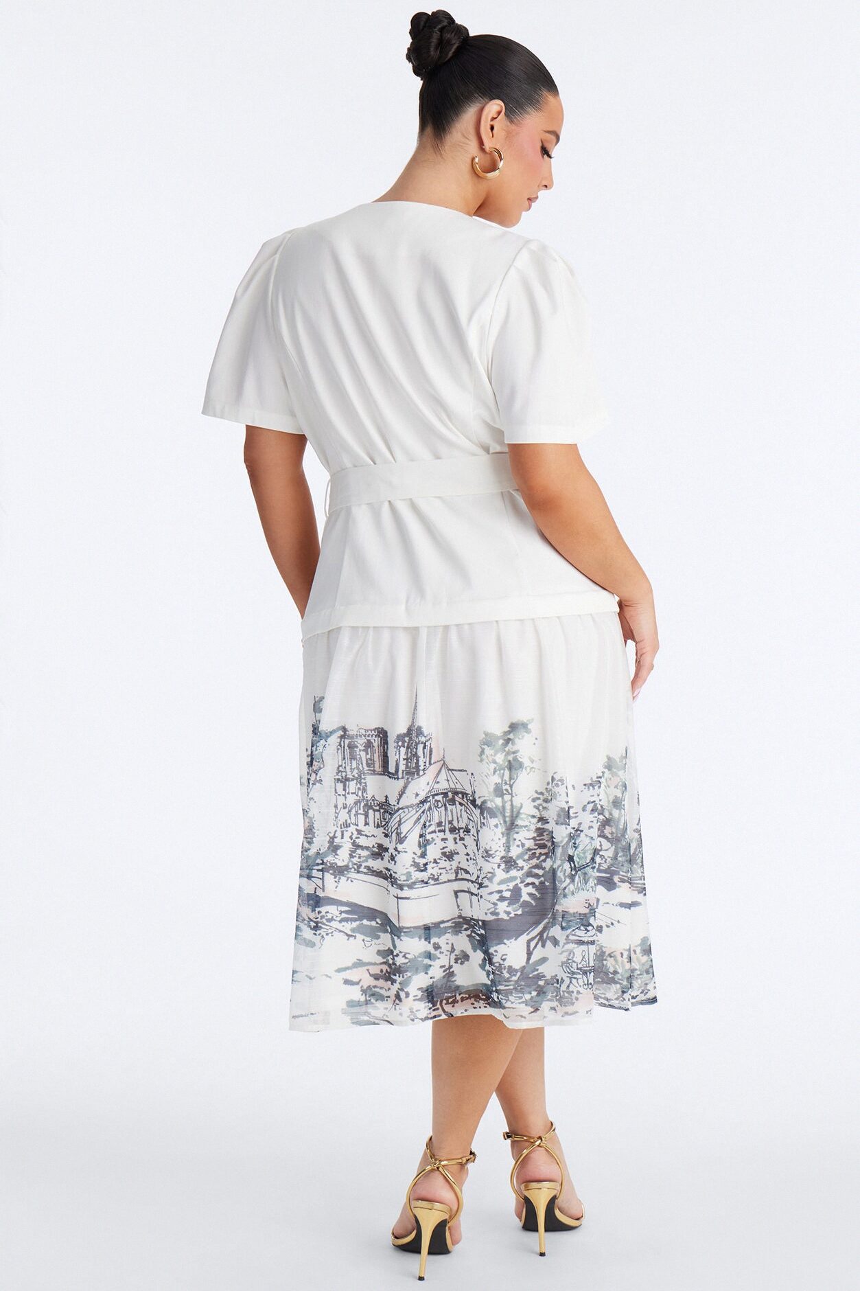 Margaret Belted Print Midi Dress - White/Blue
