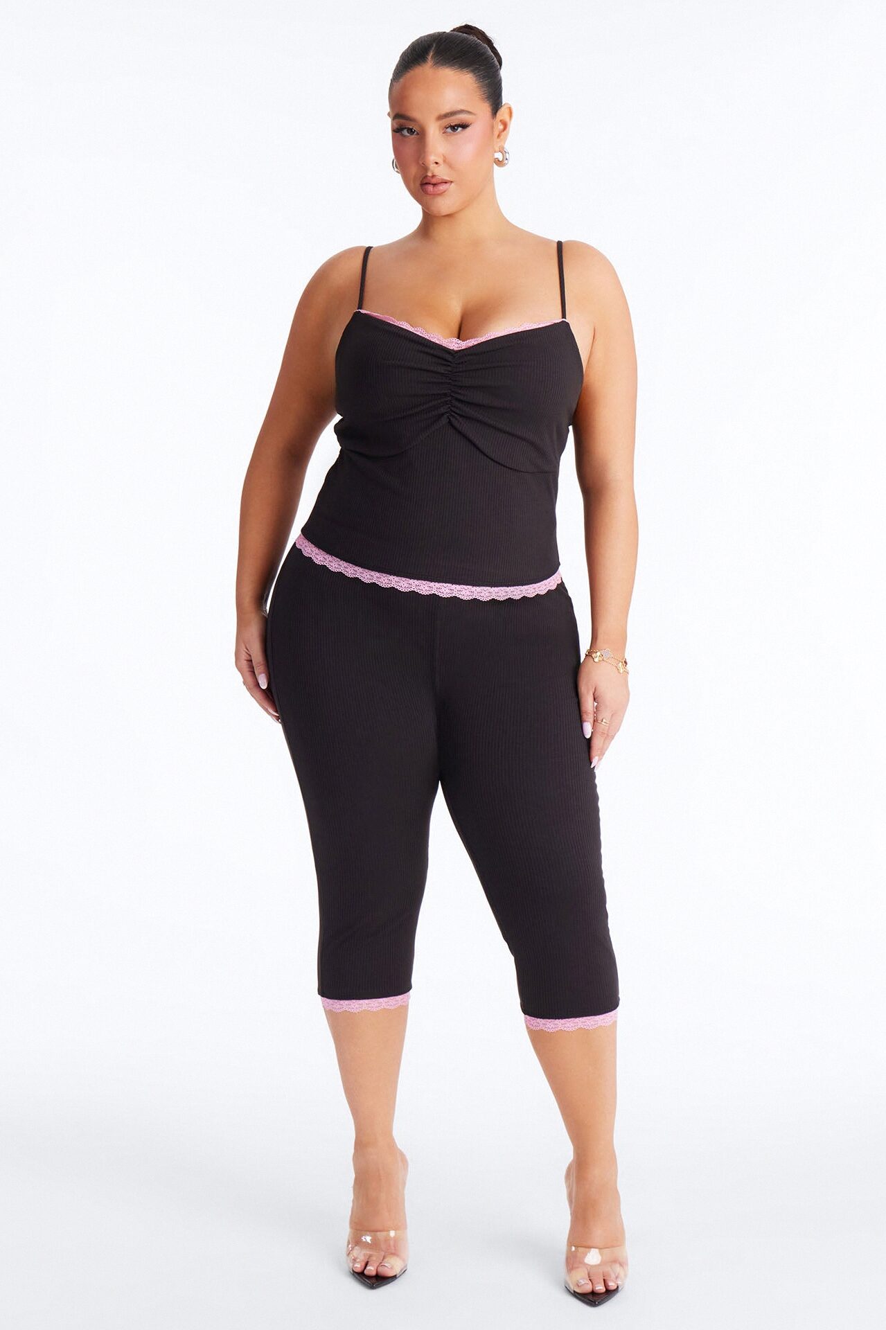 Layla Double Lined Ribbed Capri Set - Black